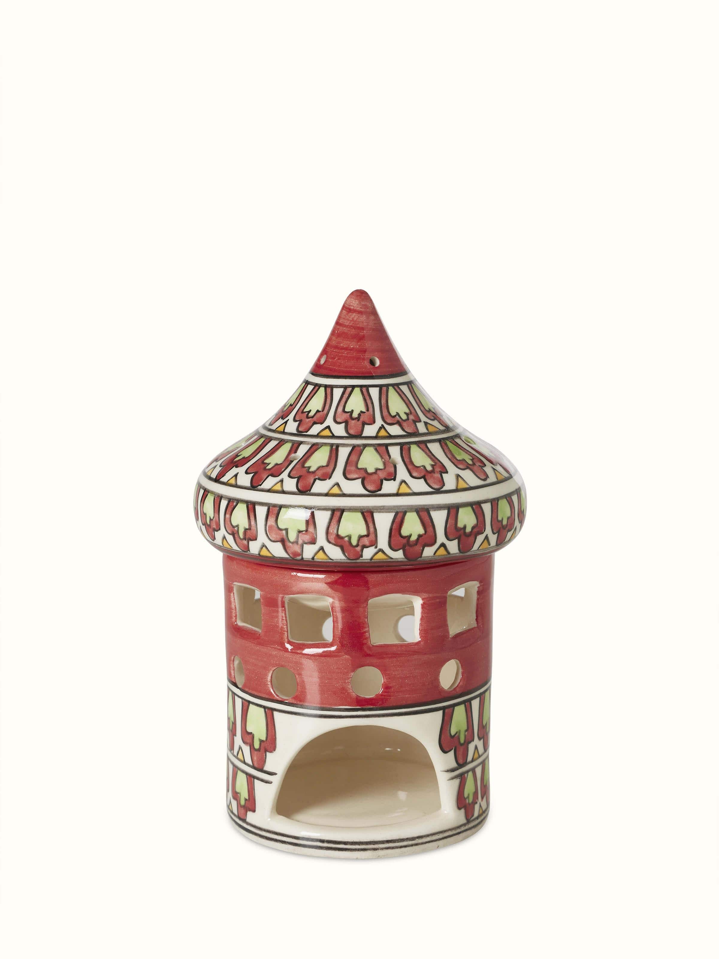 Front view of natural Khurja pottery ceramic aroma oil burner showcasing traditional design and earthy tones