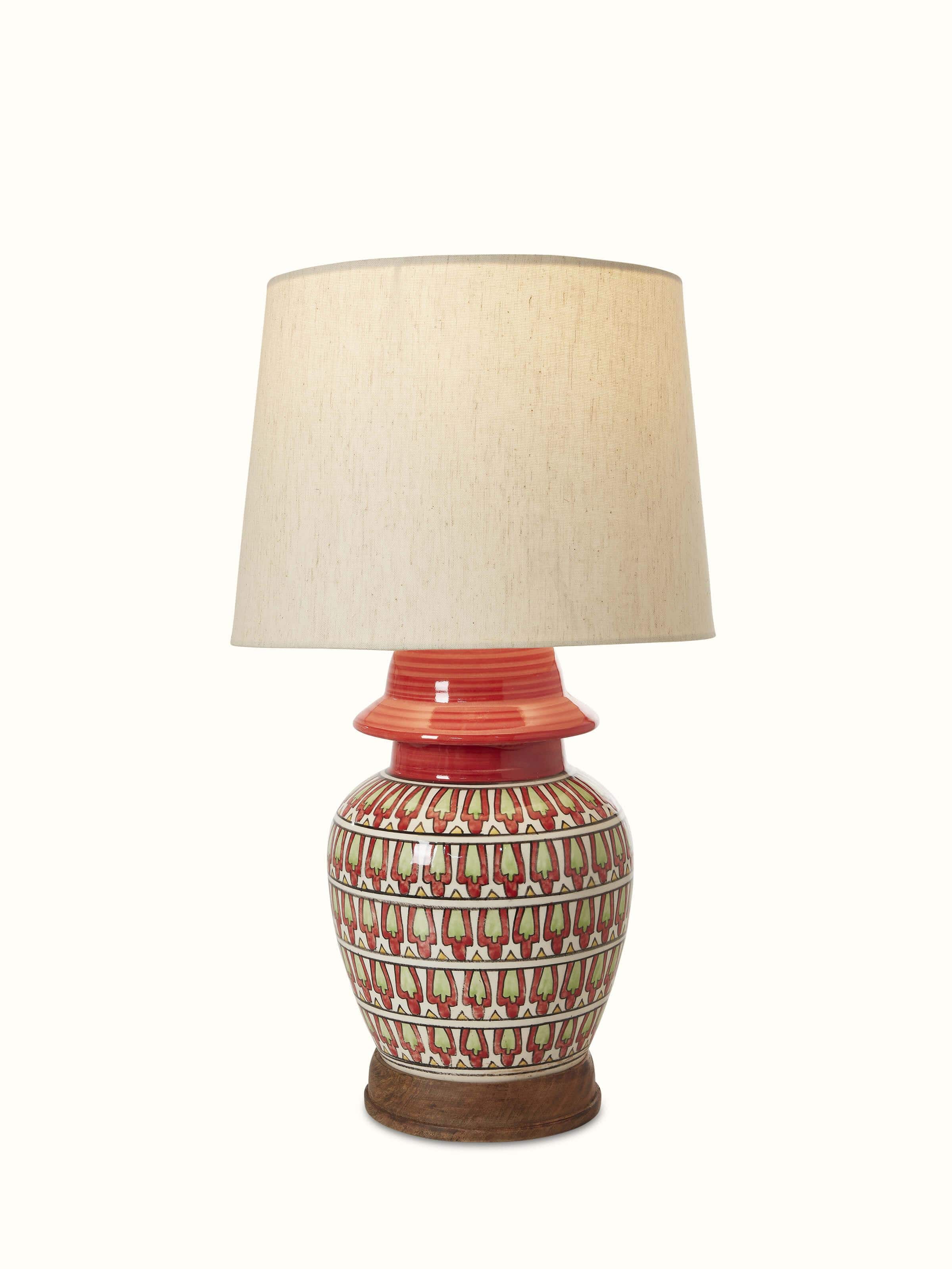 Front view of Khurja pottery ceramic console lamp with beige shade