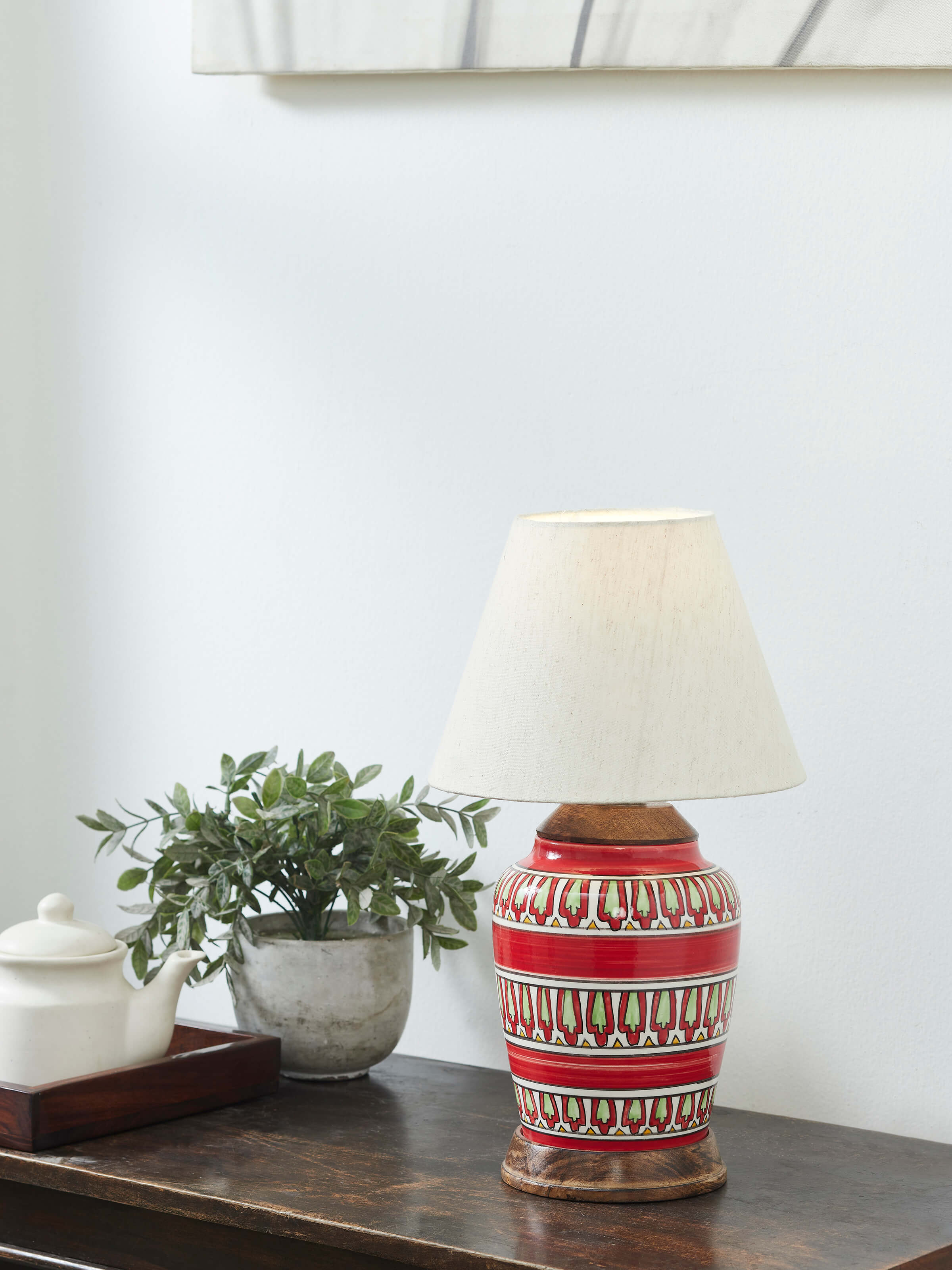 Side view of Khurja Pottery Ceramic Table Lamp in small size focusing on the shape and ceramic details.