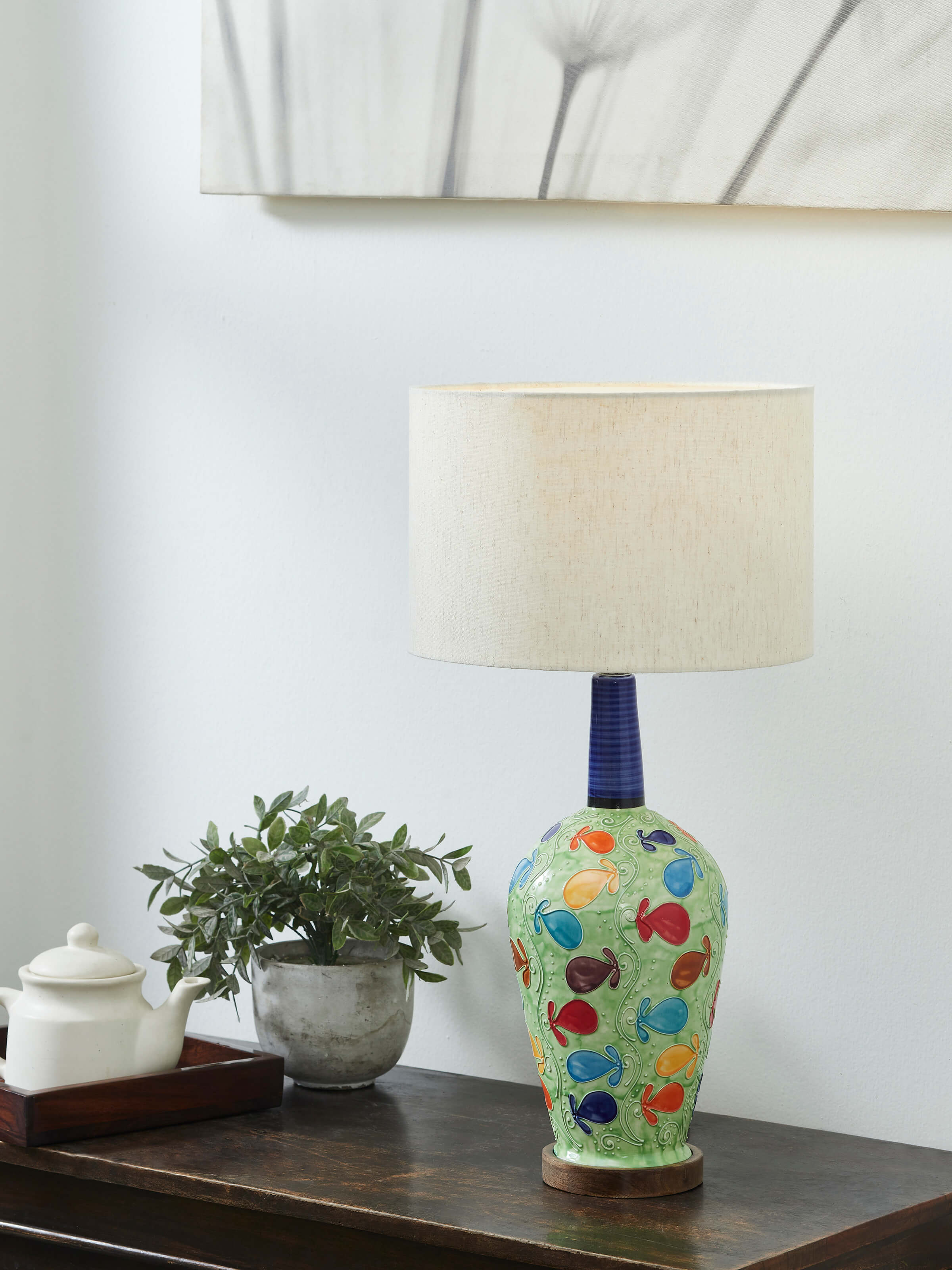 Close-up view of Khurja Pottery Ceramic Console Lamp with White Shade, focusing on the intricate ceramic details