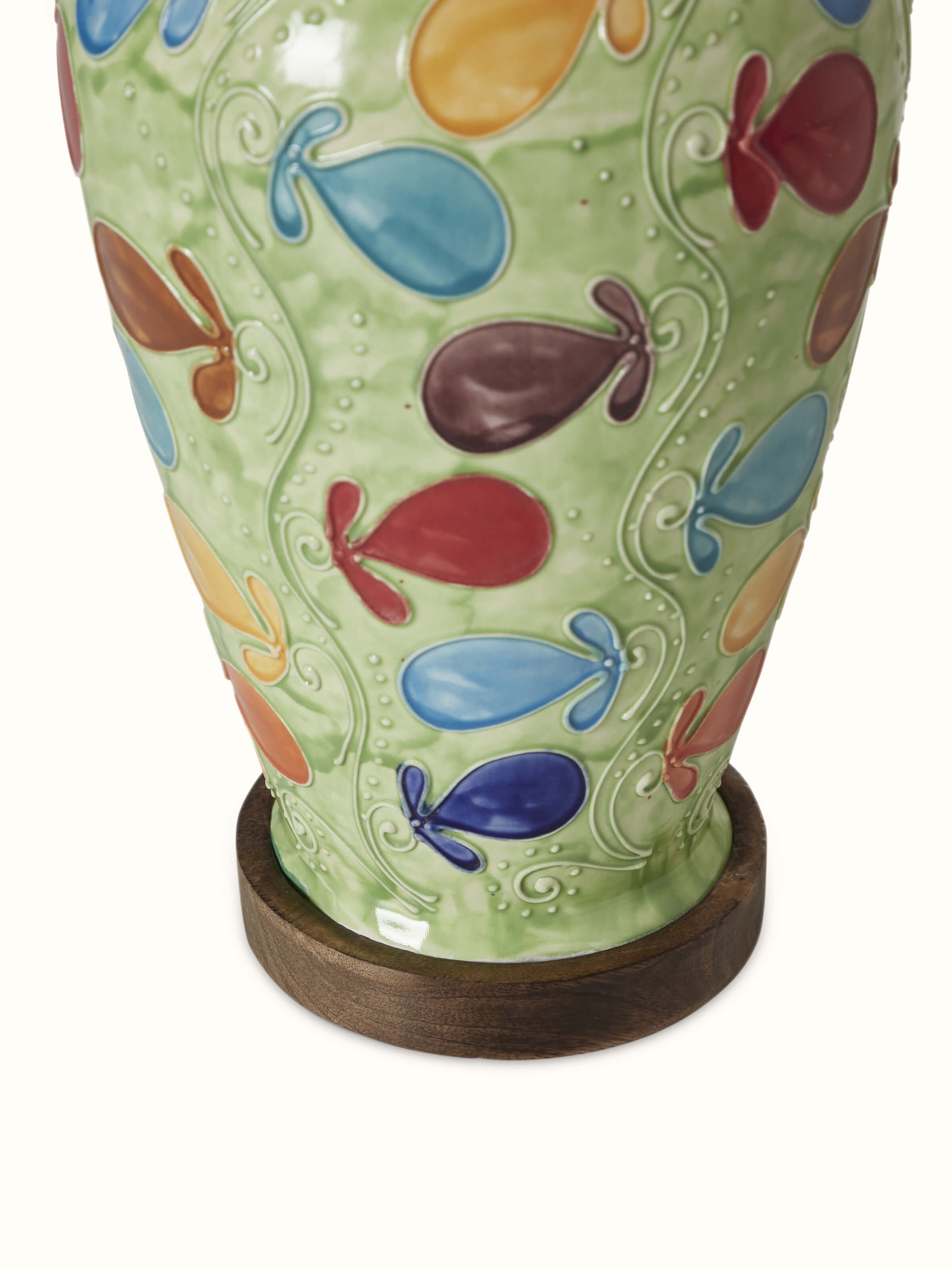 Artistic view of Khurja Pottery Ceramic Console Lamp with White Shade, showing the lamp from a unique angle