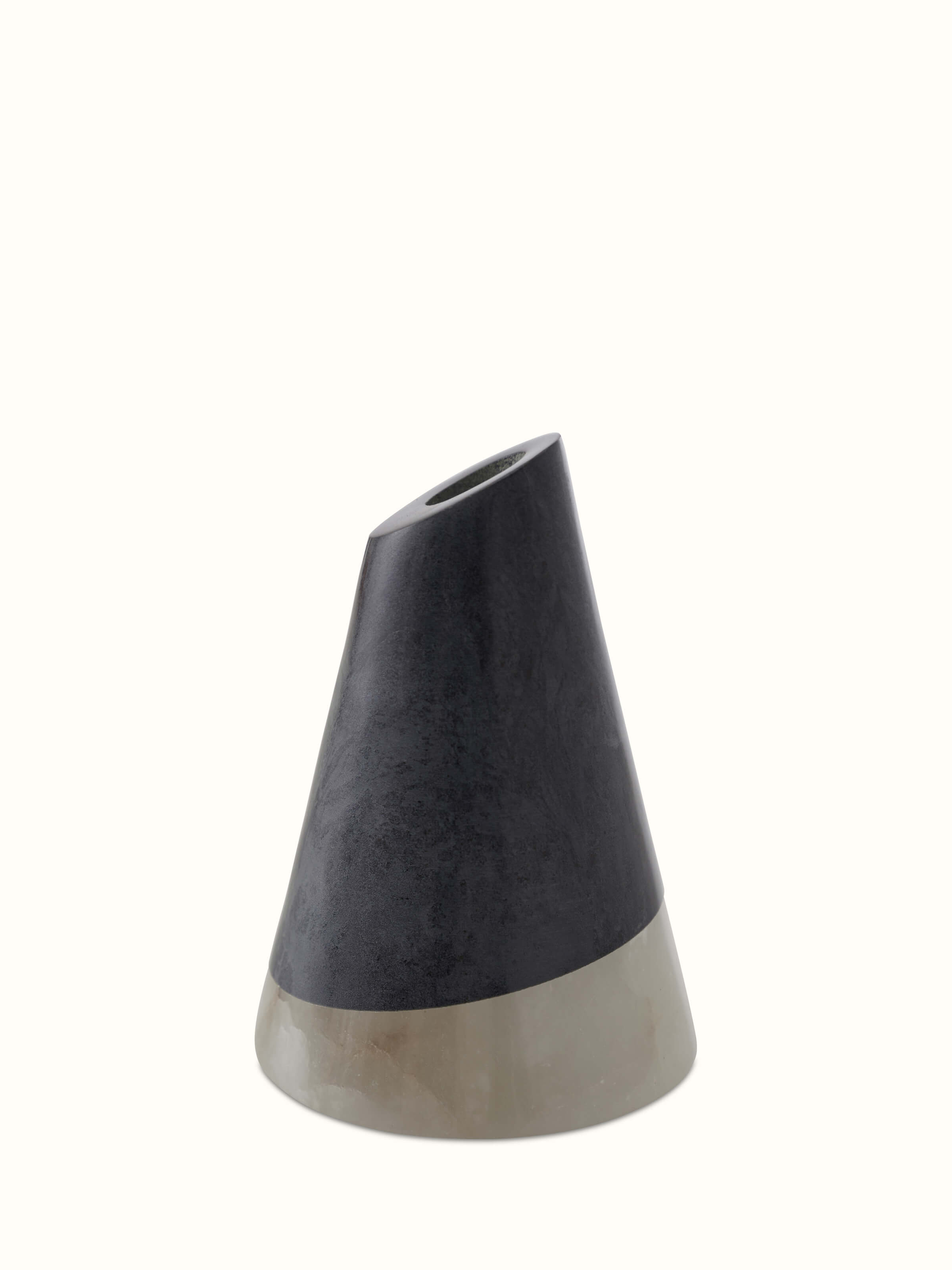 Front view of carved soapstone bud vase in black color highlighting its intricate design