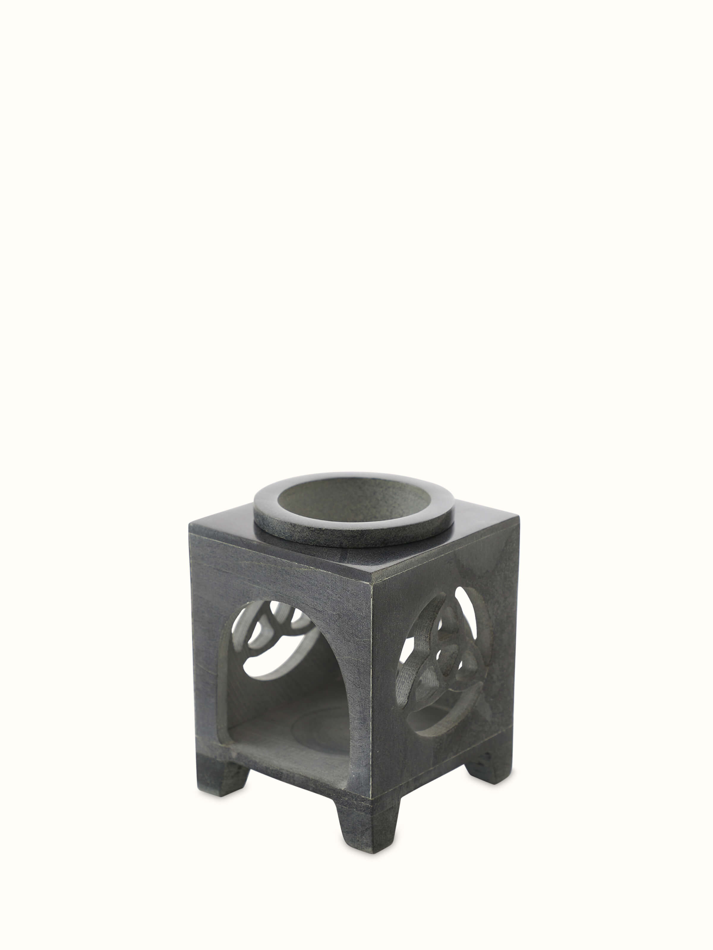 Detailed view of carved soapstone aroma oil burner & diffuser in black color showcasing the fine carvings and elegant design
