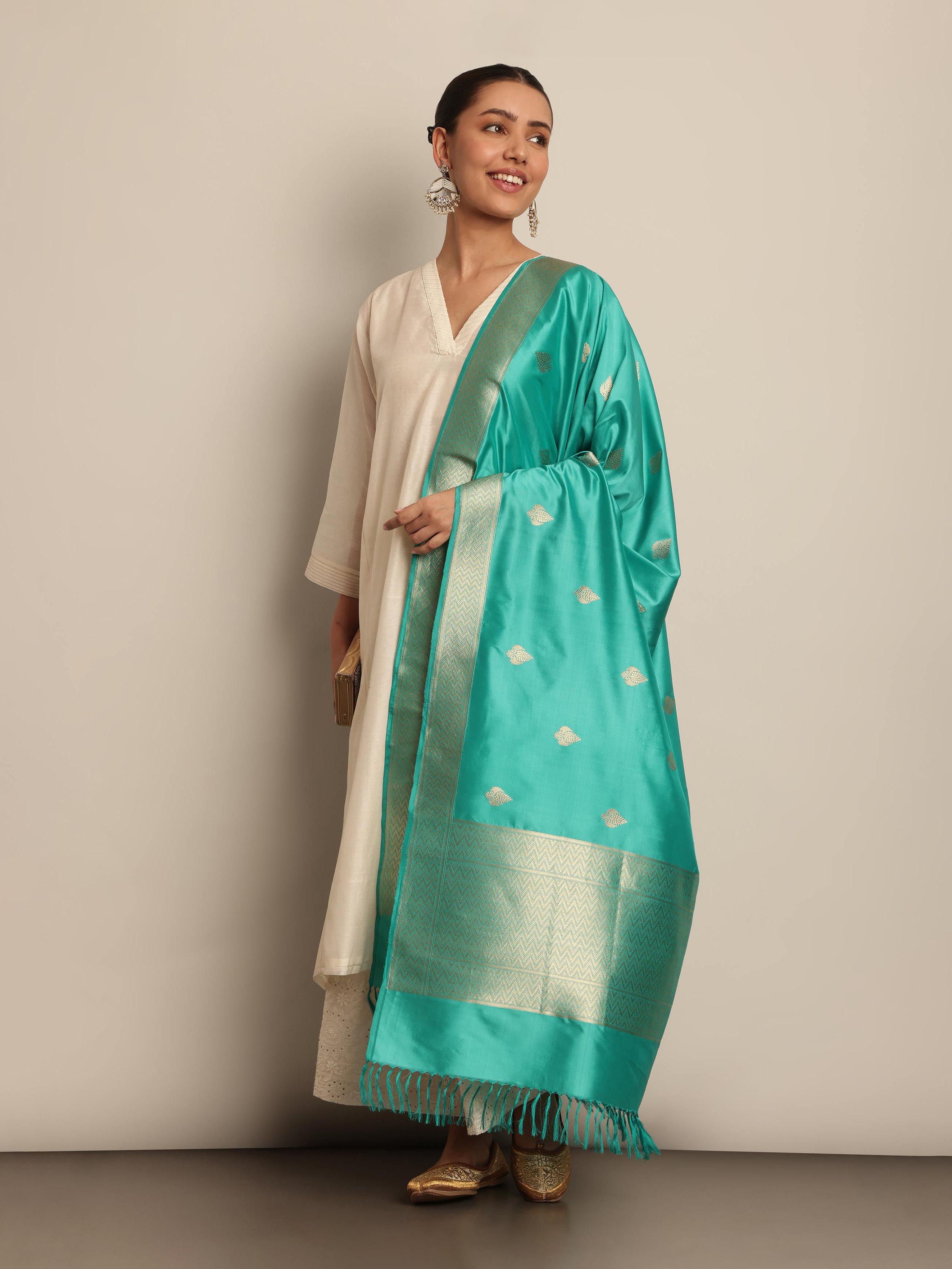 Lifestyle view of Blue Silk Banarasi Dupatta draped over shoulder highlighting intricate zari embroidery.