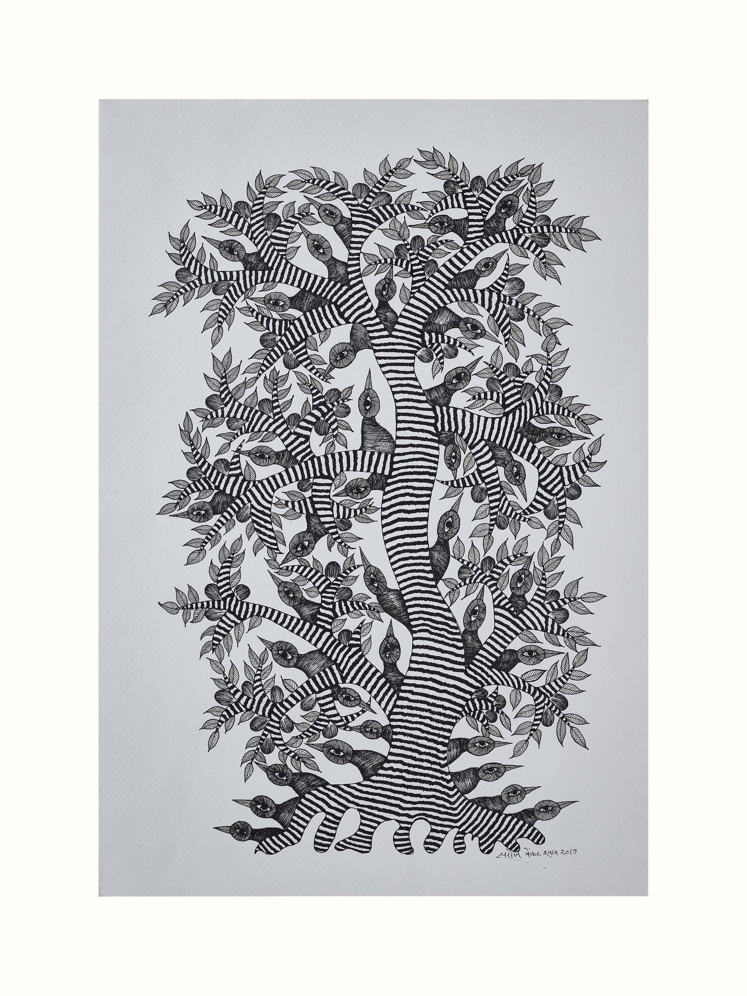 Front view of Gond Tree with Birds Painting, emphasizing vibrant colors and detailed artwork.