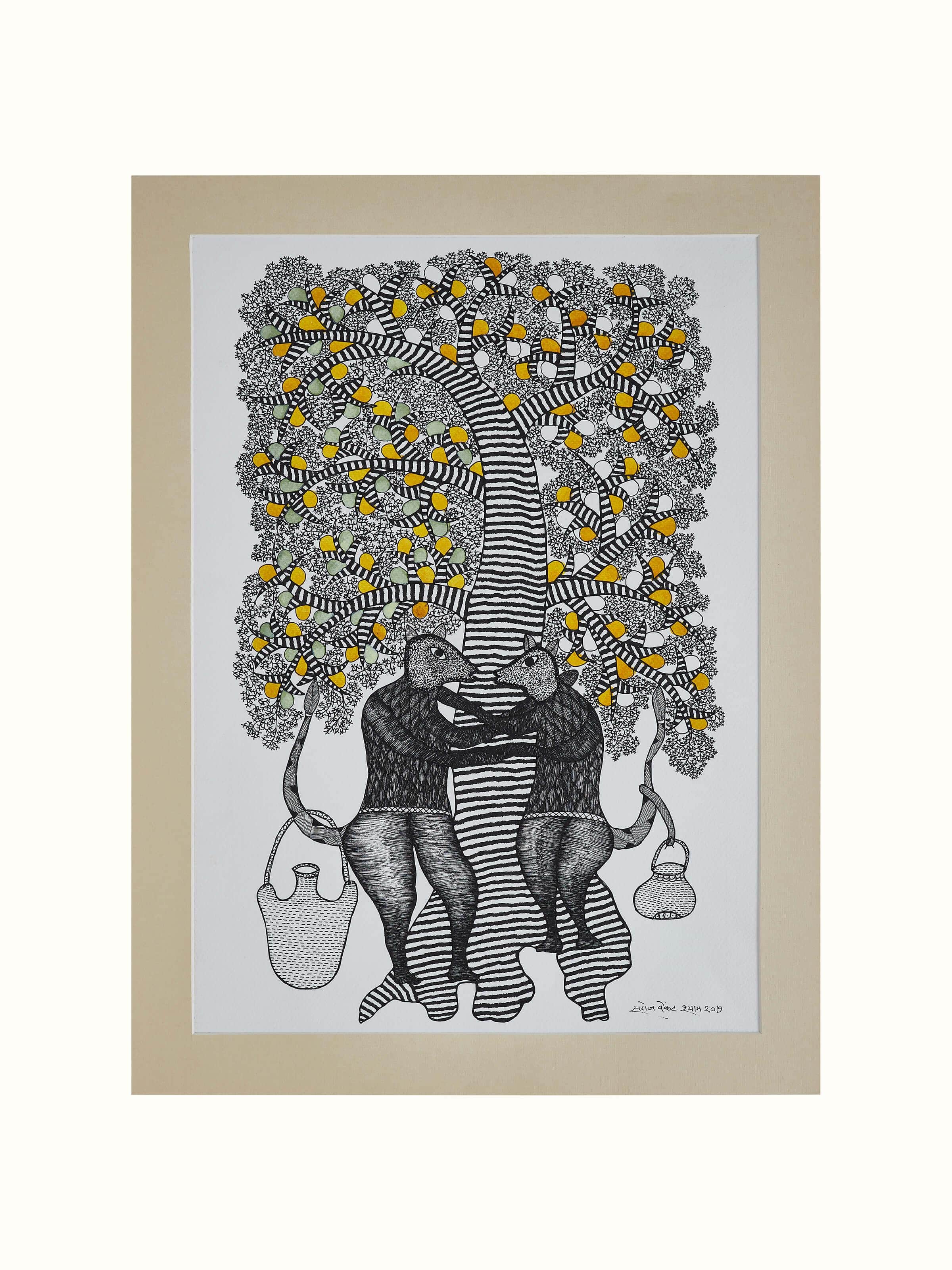 Front view of Gond Dancing Mice & Tree Painting, featuring vibrant colors and intricate designs of dancing mice and trees in traditional Gond art style.