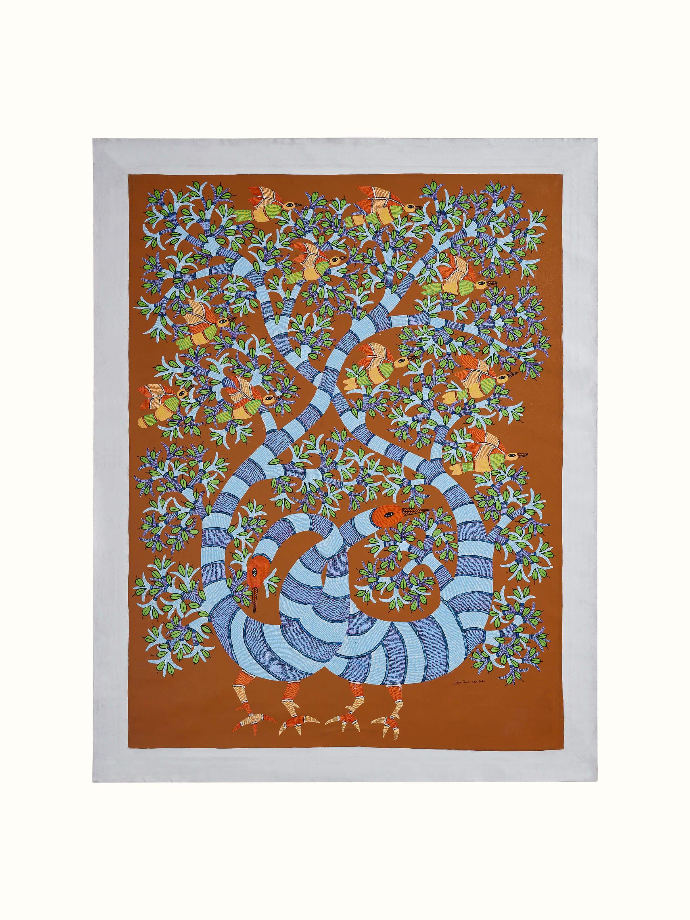 Front view of Gond Peacocks & Birds Painting featuring vibrant peacocks and birds in traditional Gond style