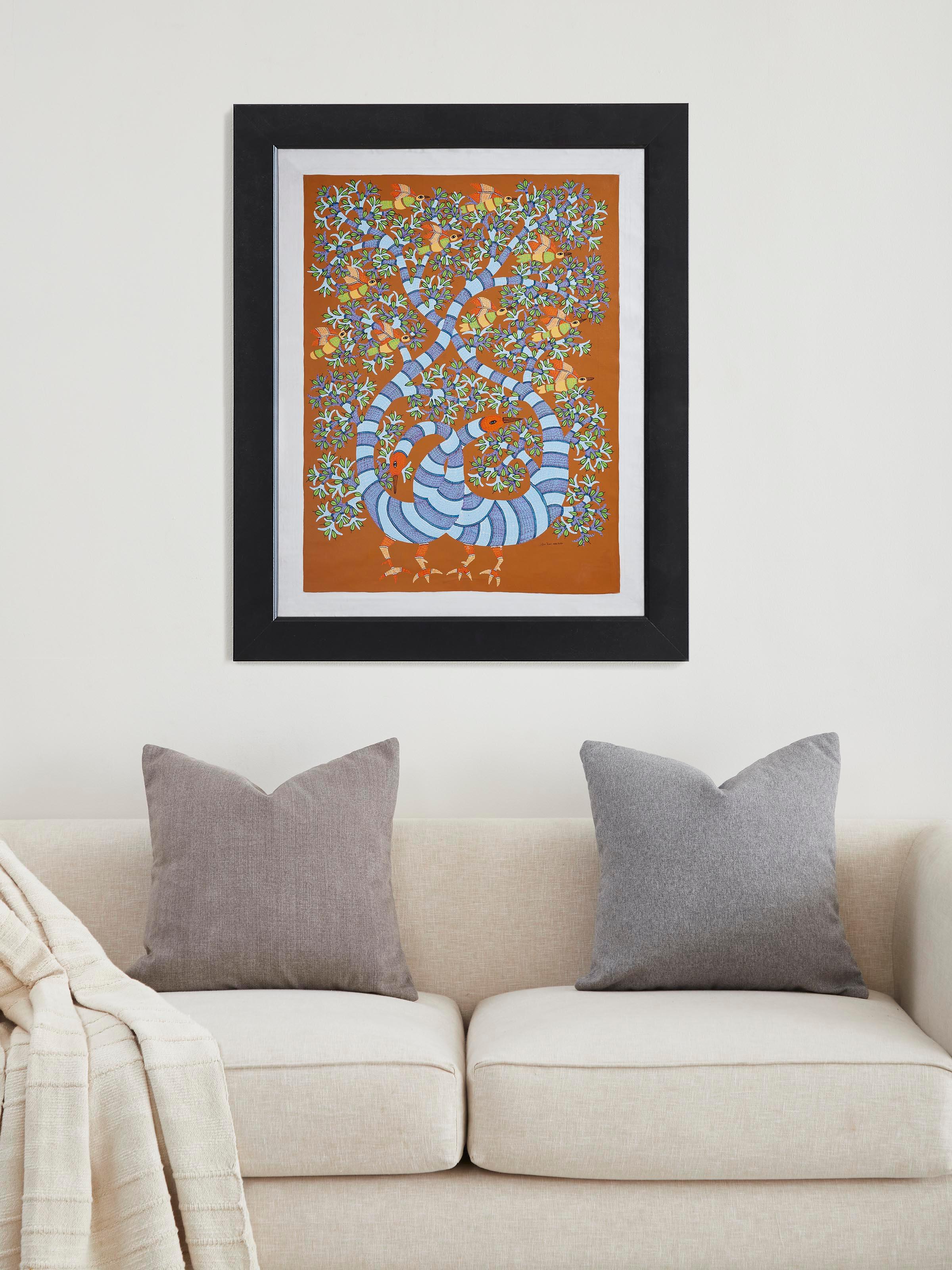 Side view of Gond Peacocks & Birds Painting showcasing the intricate design and bright colors of the birds