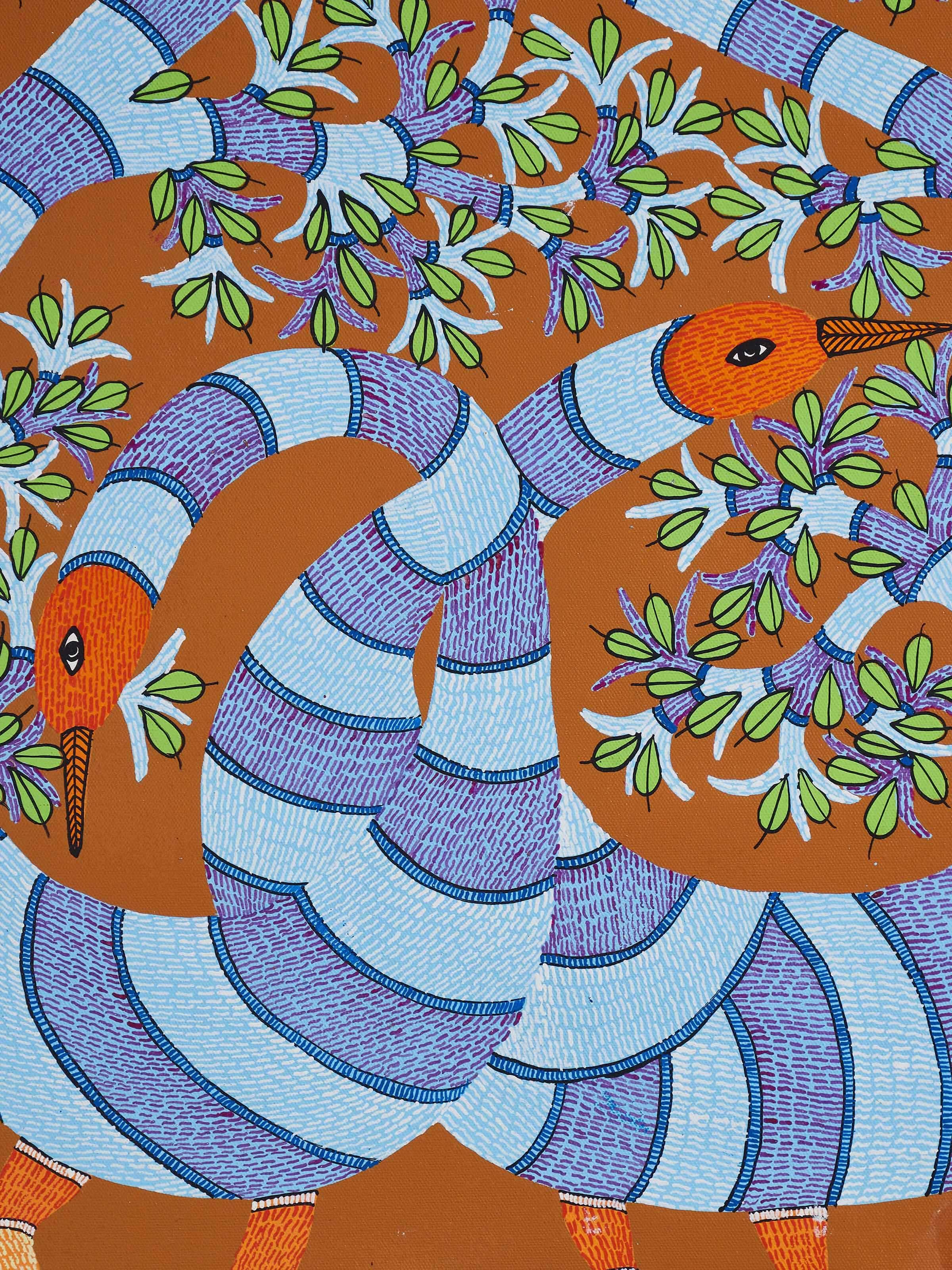 Detailed view of Gond Peacocks & Birds Painting highlighting the expressive peacock feathers and lively composition