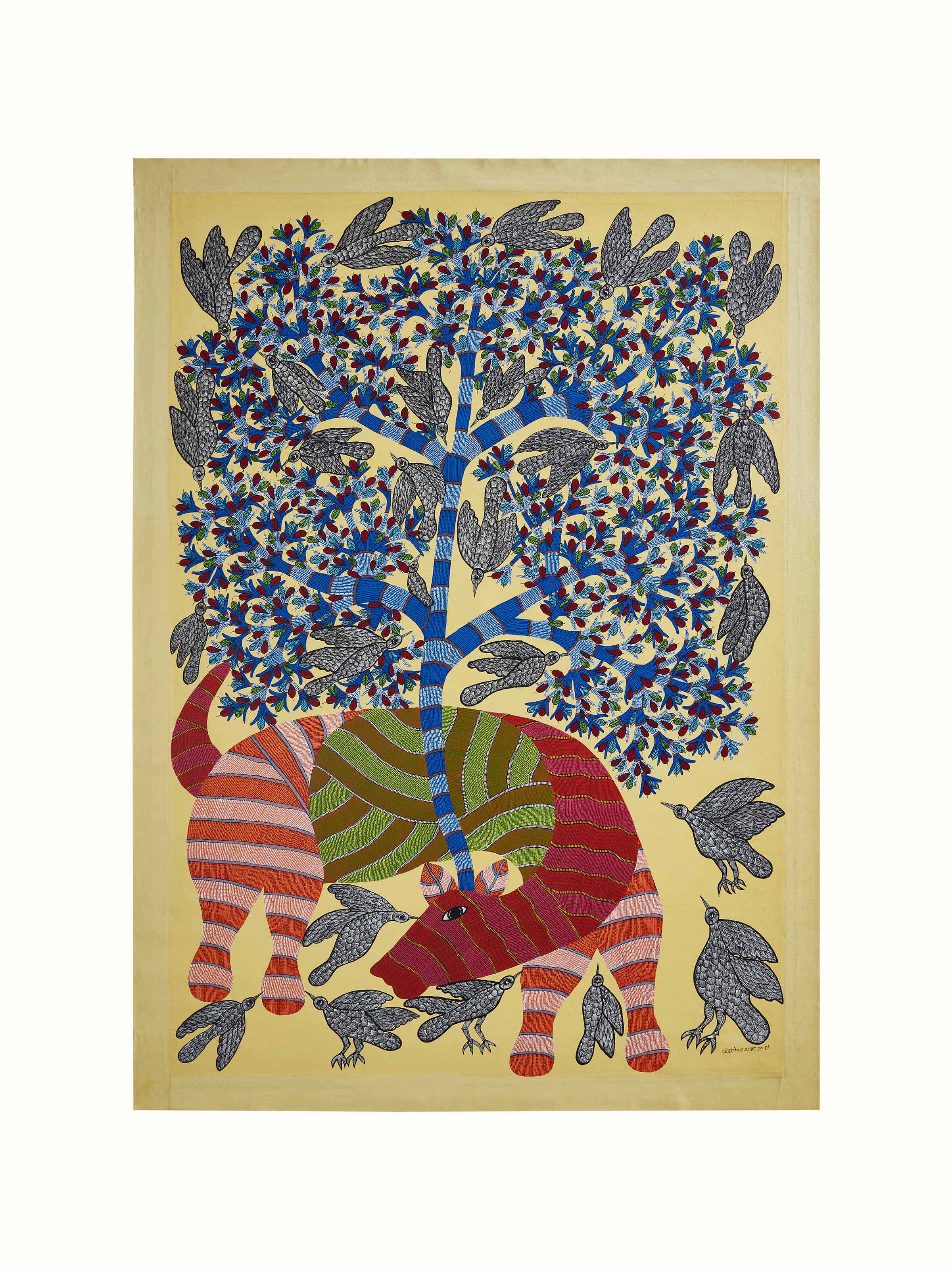 Front view of Gond Cow & Birds with Tree Painting by Swadesh showcasing the vibrant, colorful art style and intricate detailing.