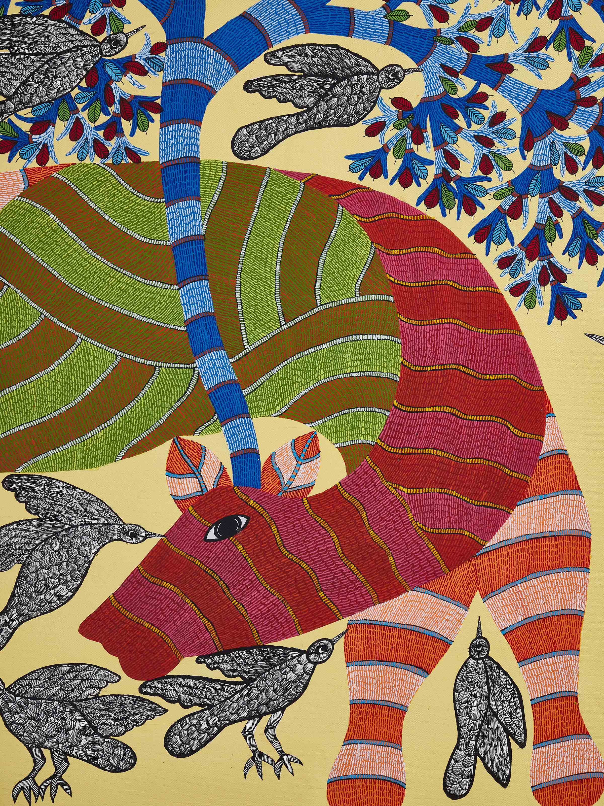 Close-up view of Gond Cow & Birds with Tree Painting by Swadesh showcasing the fine detailing and vibrant colors of the painting.