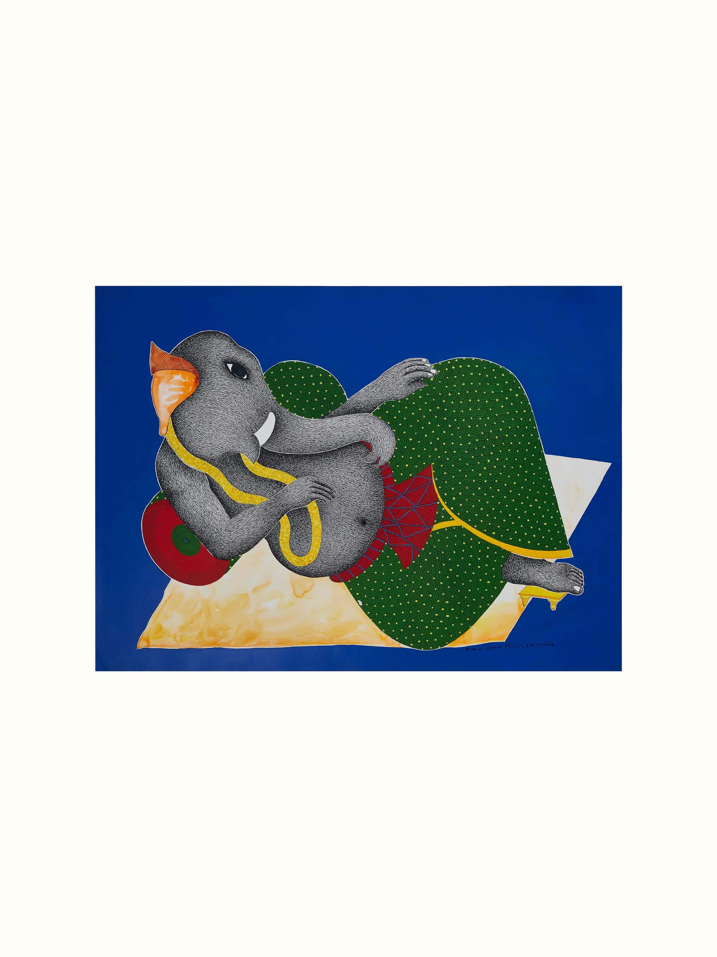 Front view of Gond Reclining Ganesha Painting, showcasing the intricate details and vibrant colors