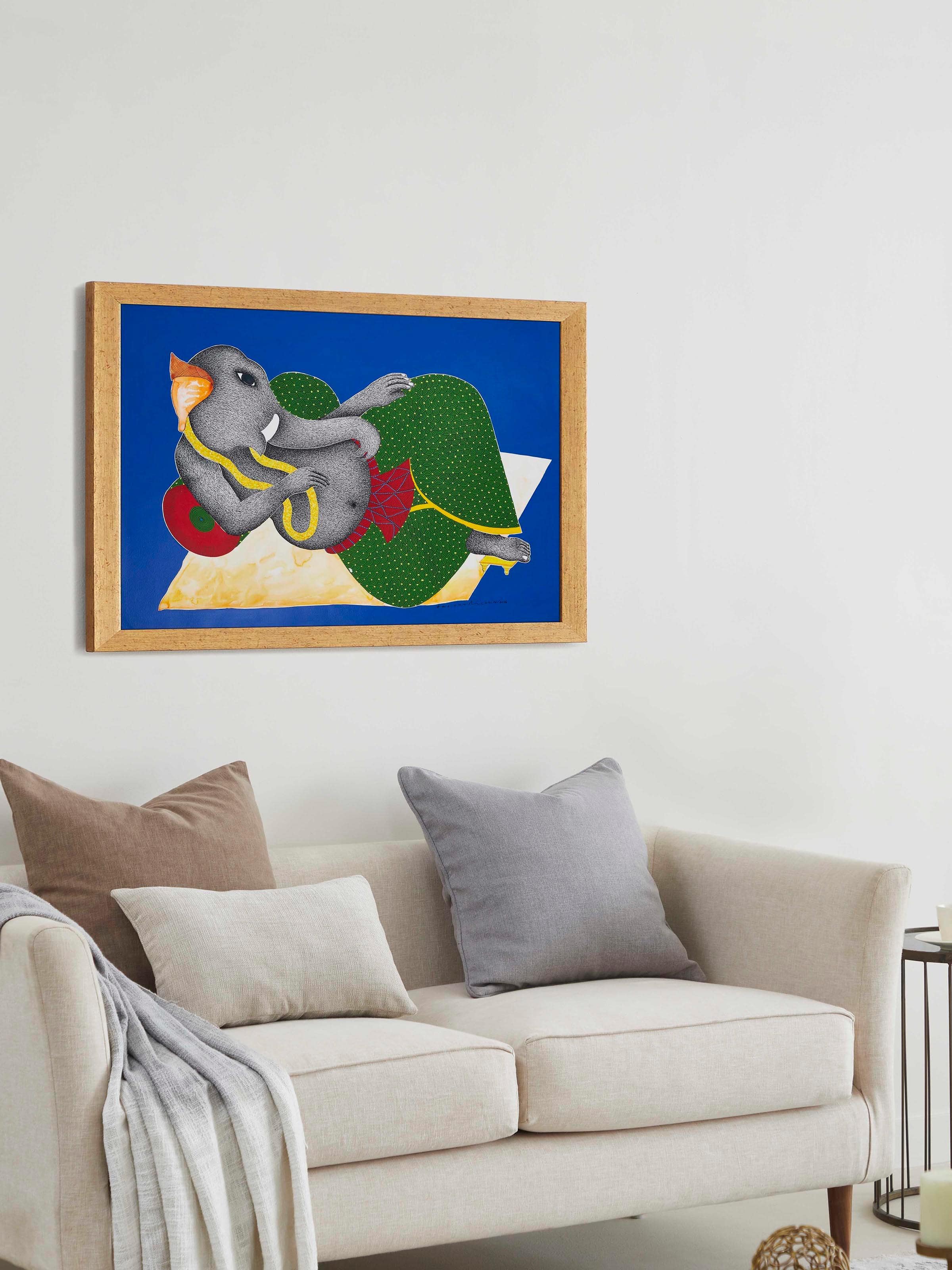 Side view of Gond Reclining Ganesha Painting, highlighting the texture and artistic style