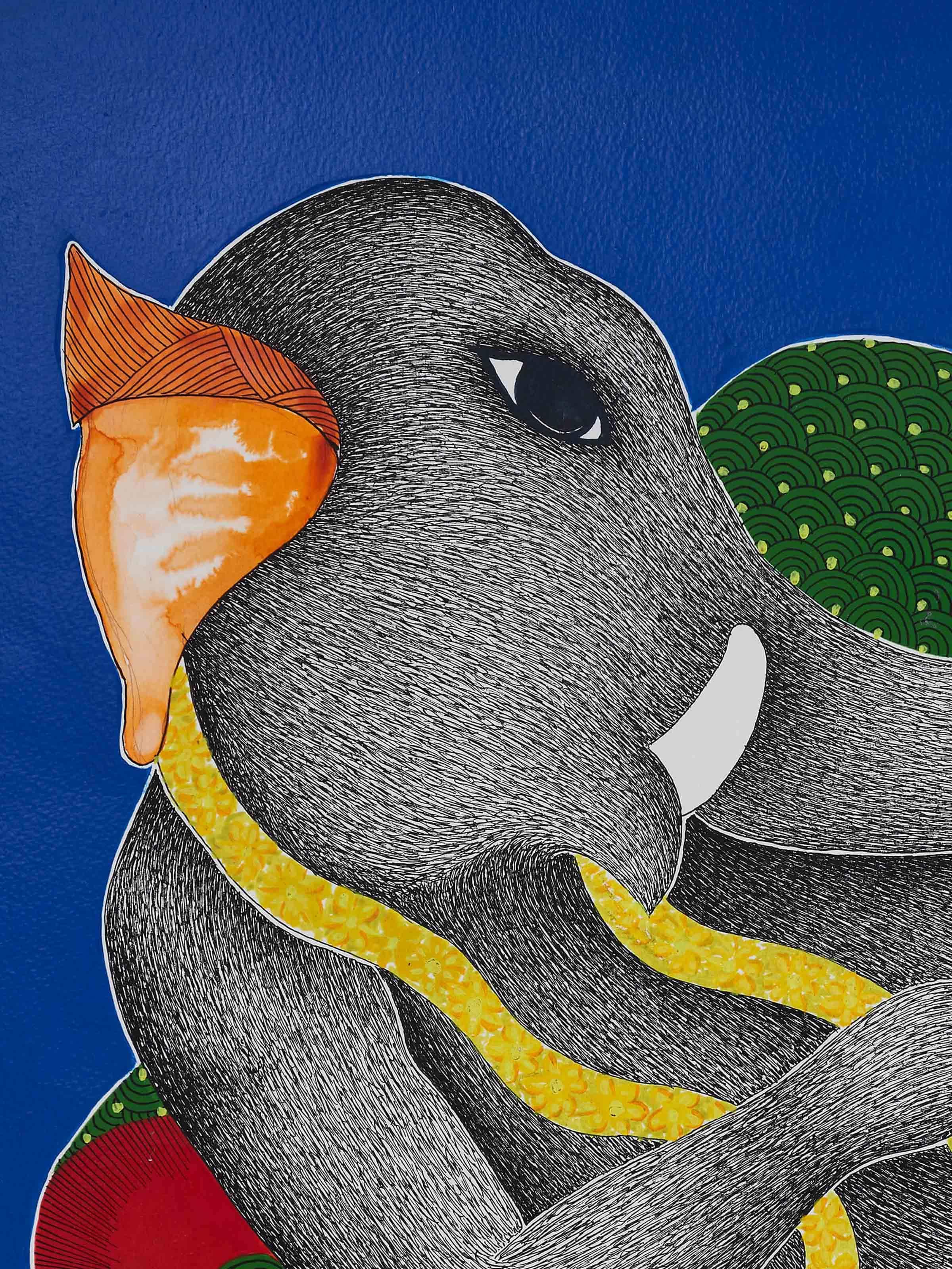Close-up view of Gond Reclining Ganesha Painting, focusing on the detailed patterns and colors