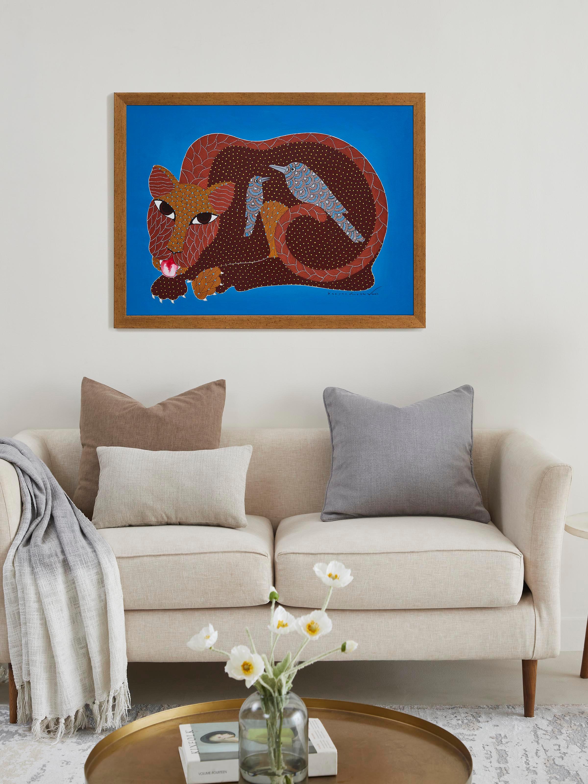 Side view of Gond Leopard with Birds Painting highlighting the detailed brushwork and bold color palette of the artwork