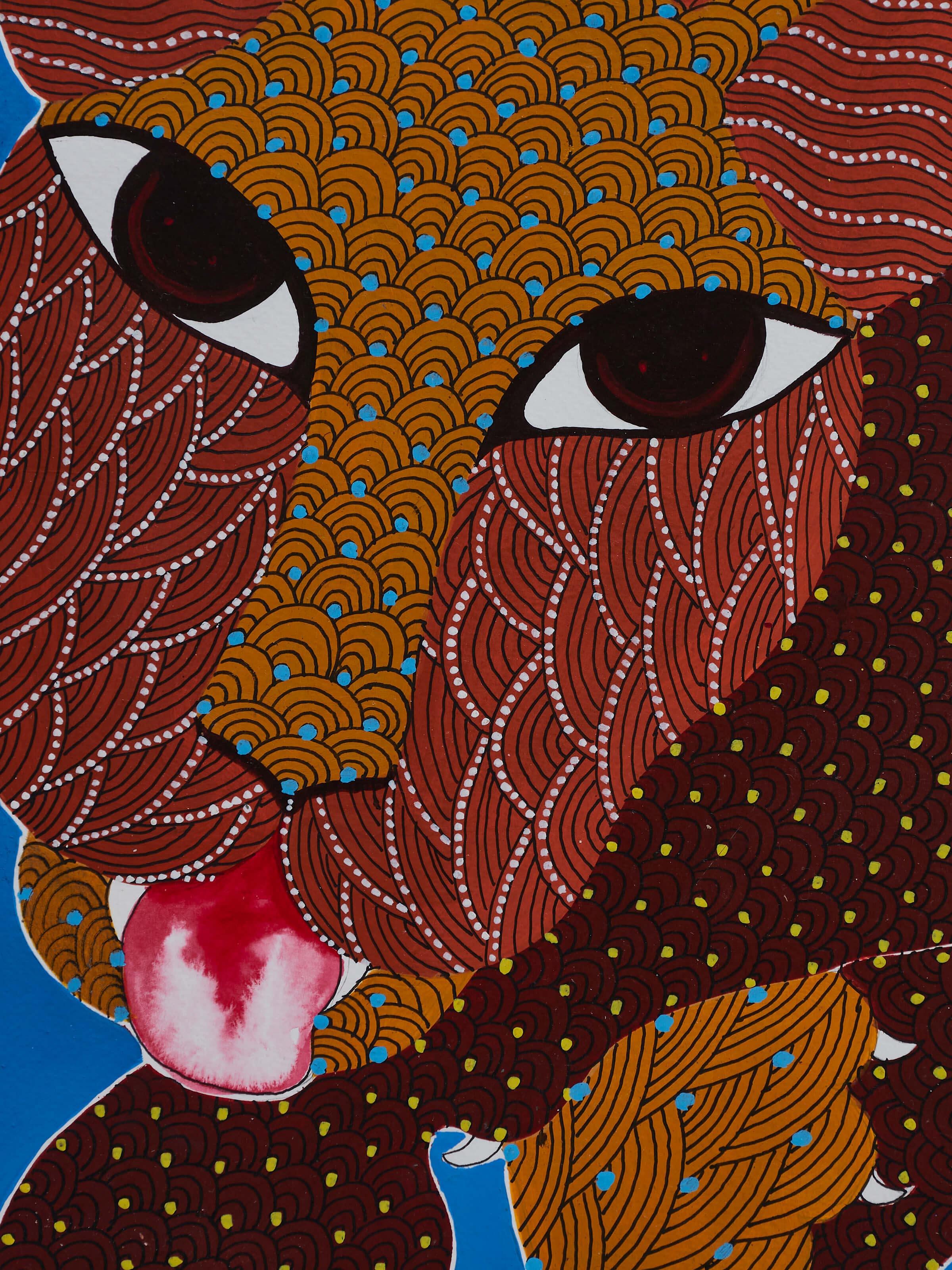Angled view of Gond Leopard with Birds Painting emphasizing the intricate patterns and vibrant colors of the art piece