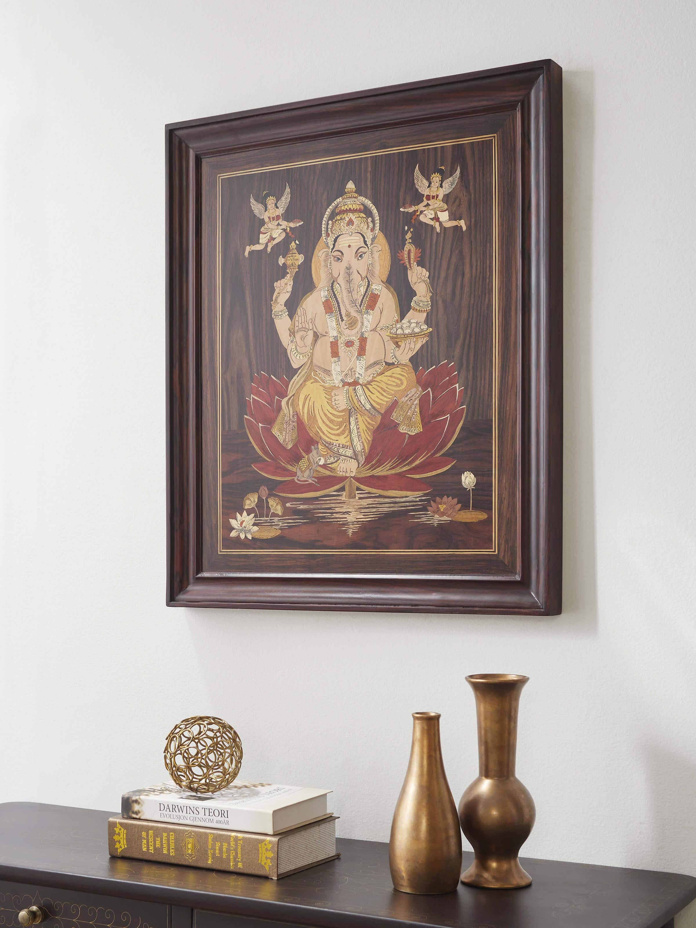 Side view of Mysore rosewood inlaid Ganesha wall art, showcasing the intricate inlay details
