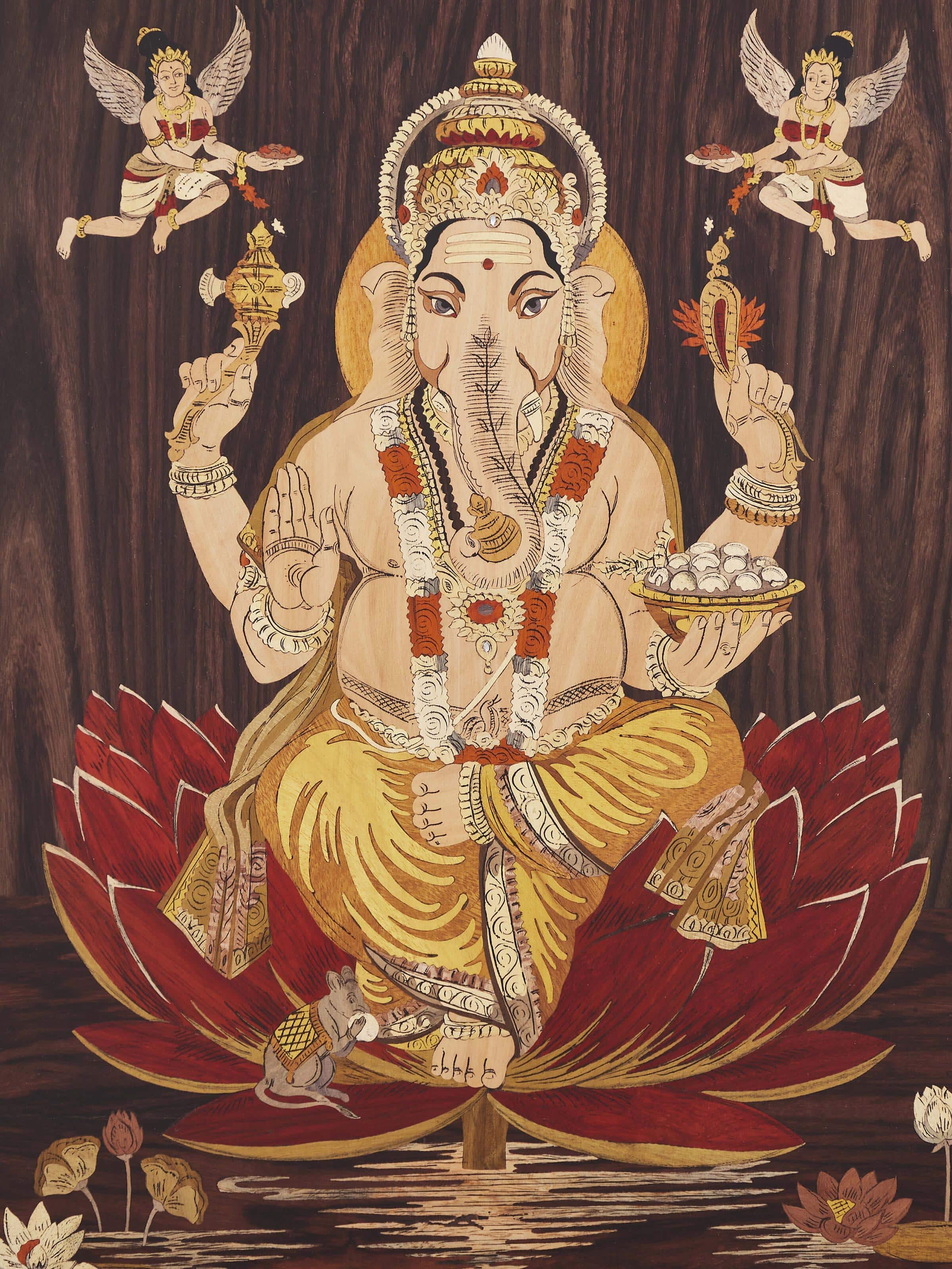 Detailed view of Mysore rosewood inlaid Ganesha wall art, highlighting the craftsmanship and wood texture