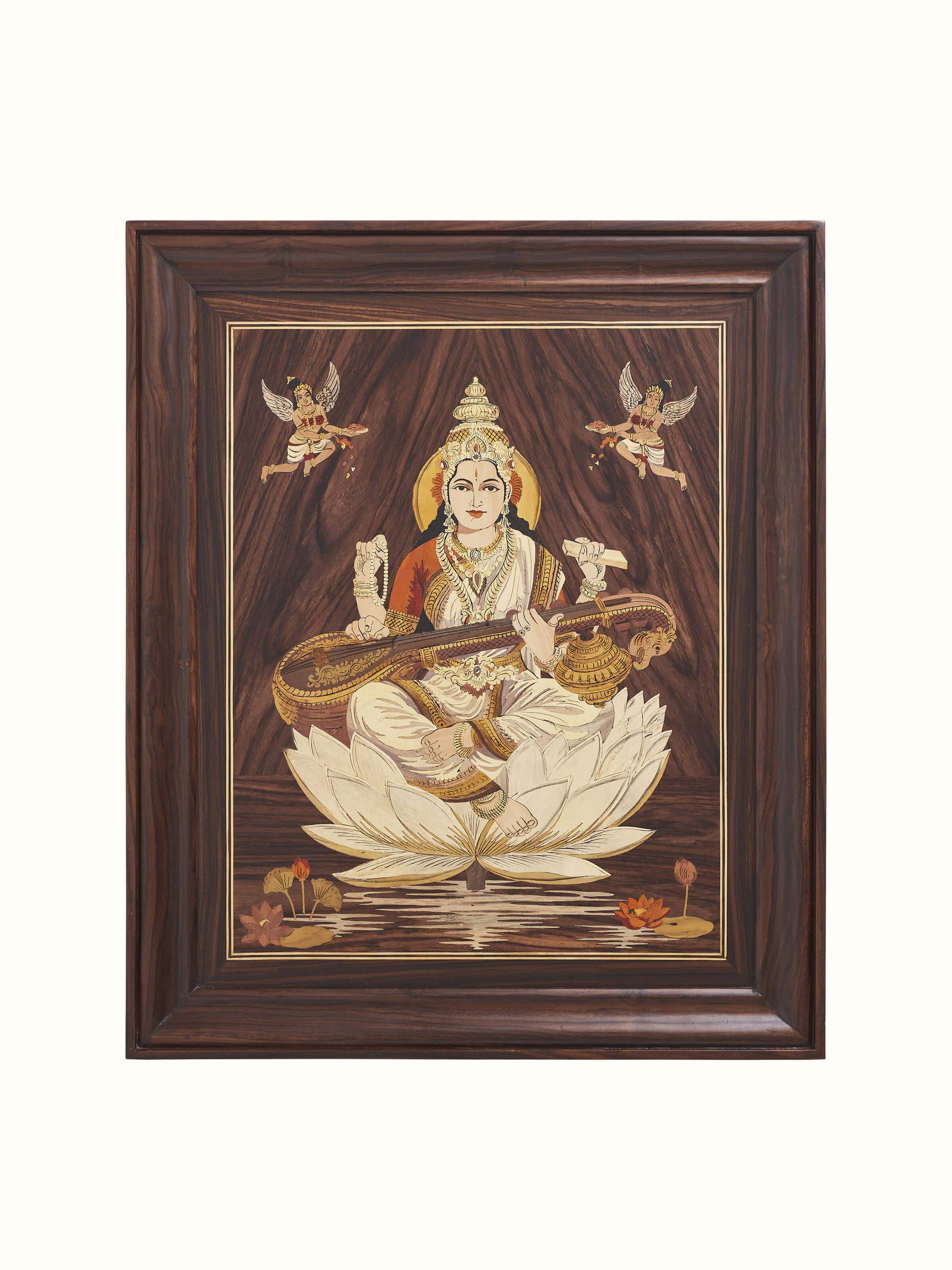 Front view of Mysore rosewood inlaid Saraswathi wall art showcasing detailed inlay work and traditional design