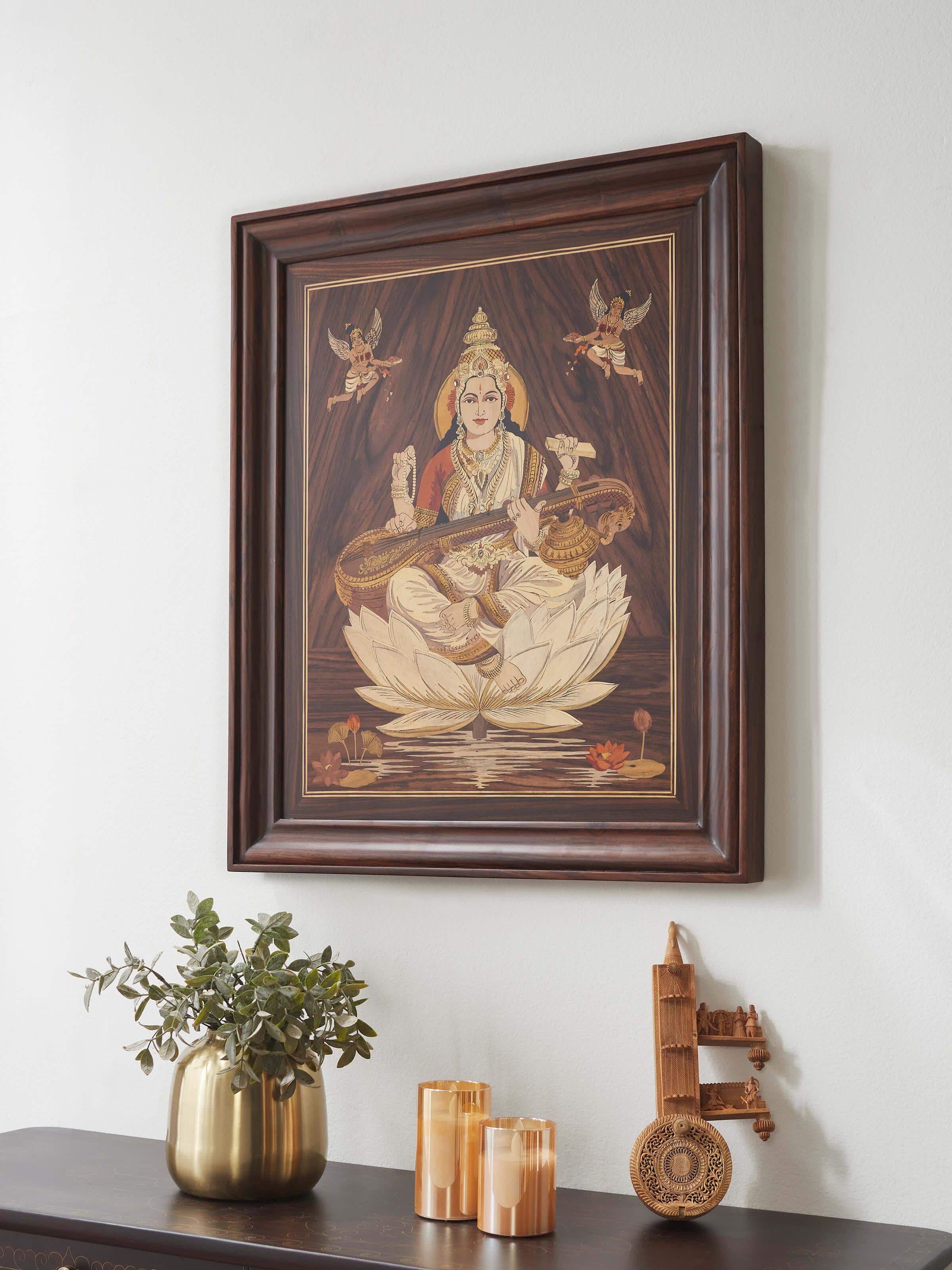 Close-up view of Mysore rosewood inlaid Saraswathi wall art highlighting intricate inlaid details and craftsmanship