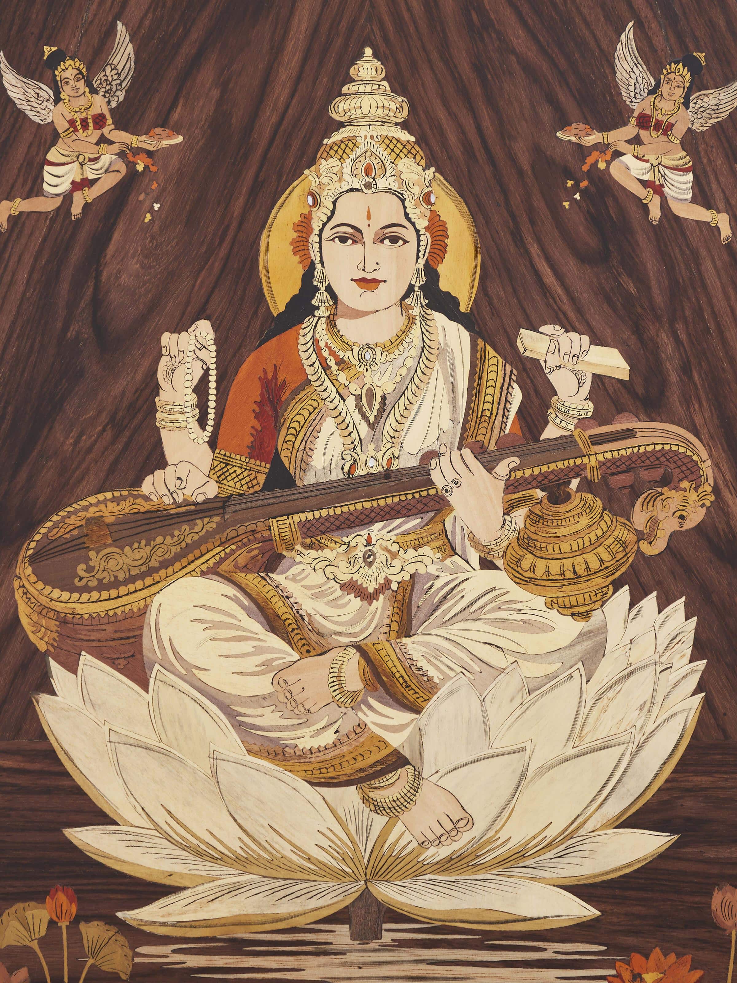 Detailed view of Mysore rosewood inlaid Saraswathi wall art capturing the ornate inlay work and intricate design