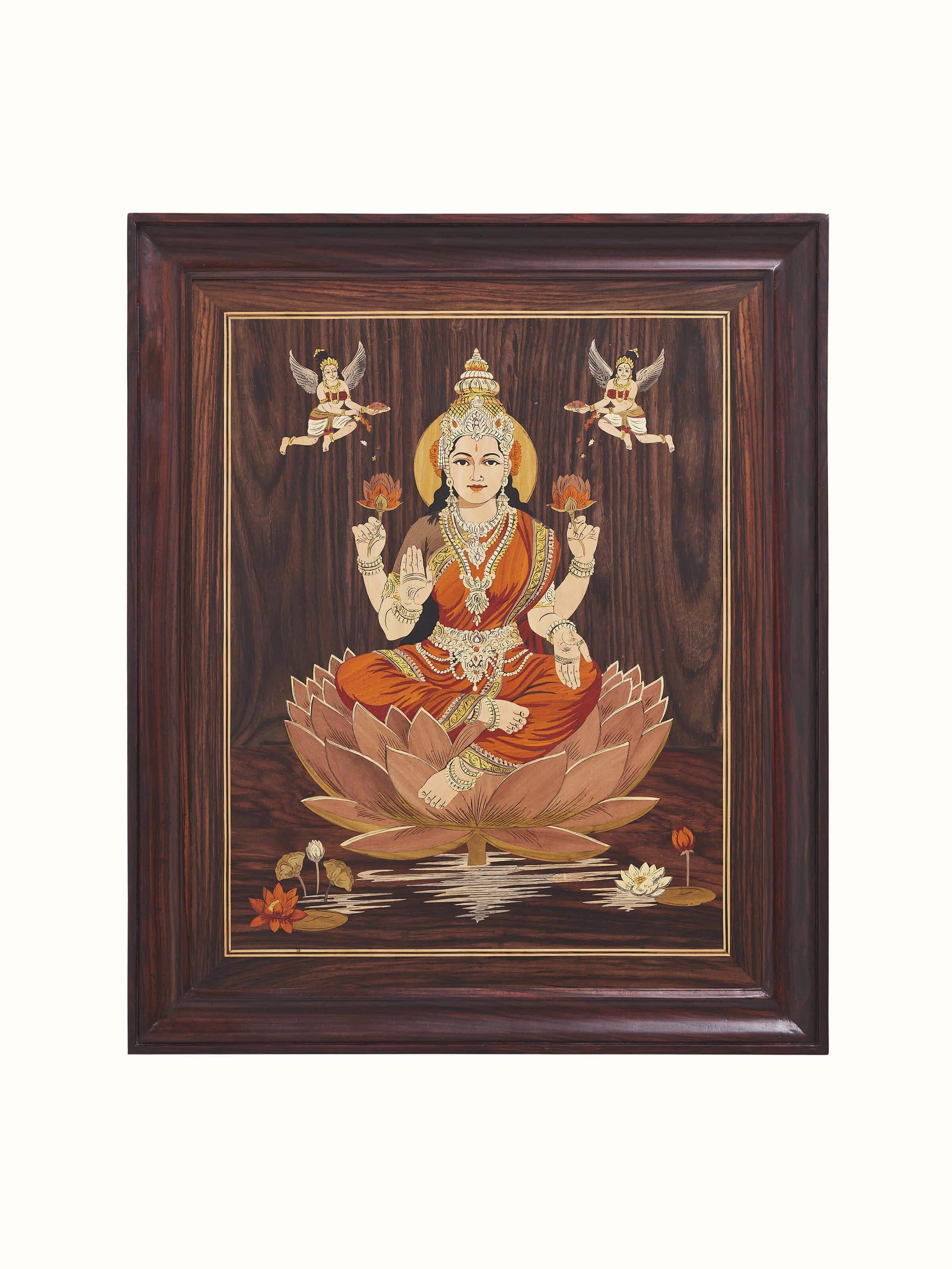 Front view of Mysore Rosewood Inlaid Lakshmi Wall Art showcasing traditional inlay craftsmanship.
