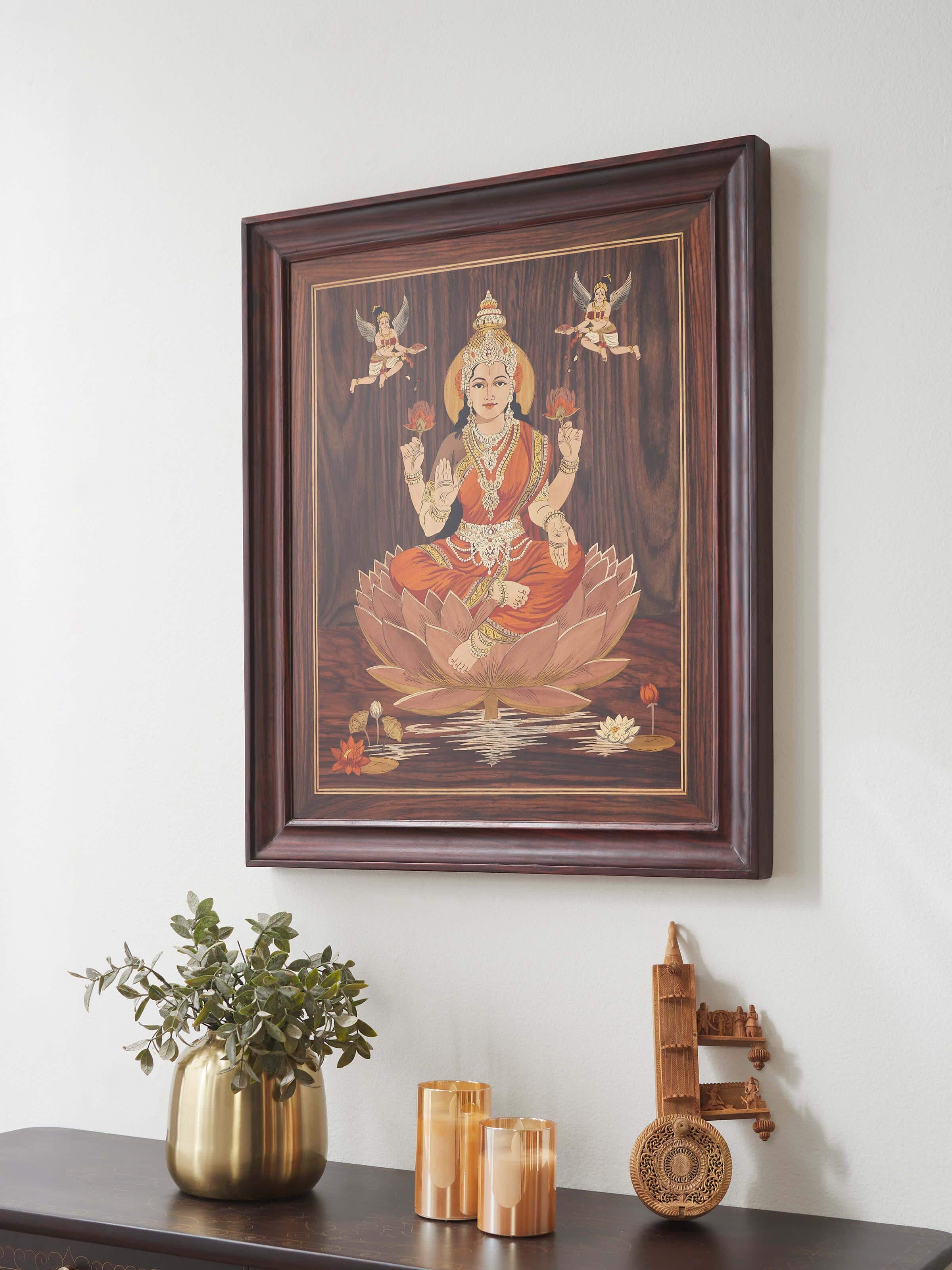 Close-up view of Mysore Rosewood Inlaid Lakshmi Wall Art highlighting intricate inlay details.