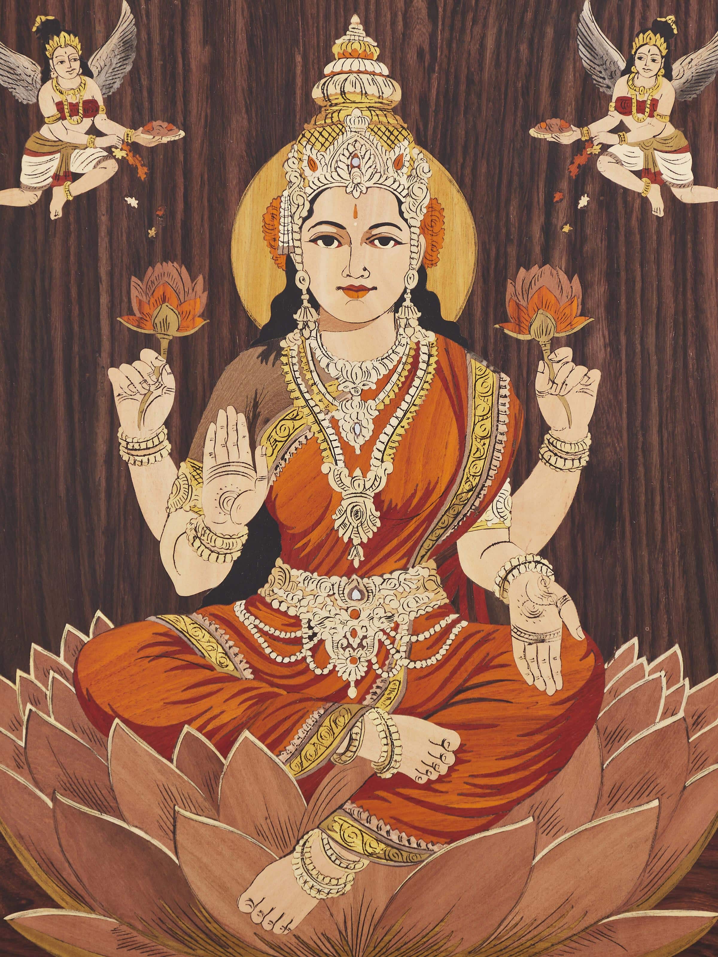 Back view of Mysore Rosewood Inlaid Lakshmi Wall Art emphasizing its detailed inlay work.