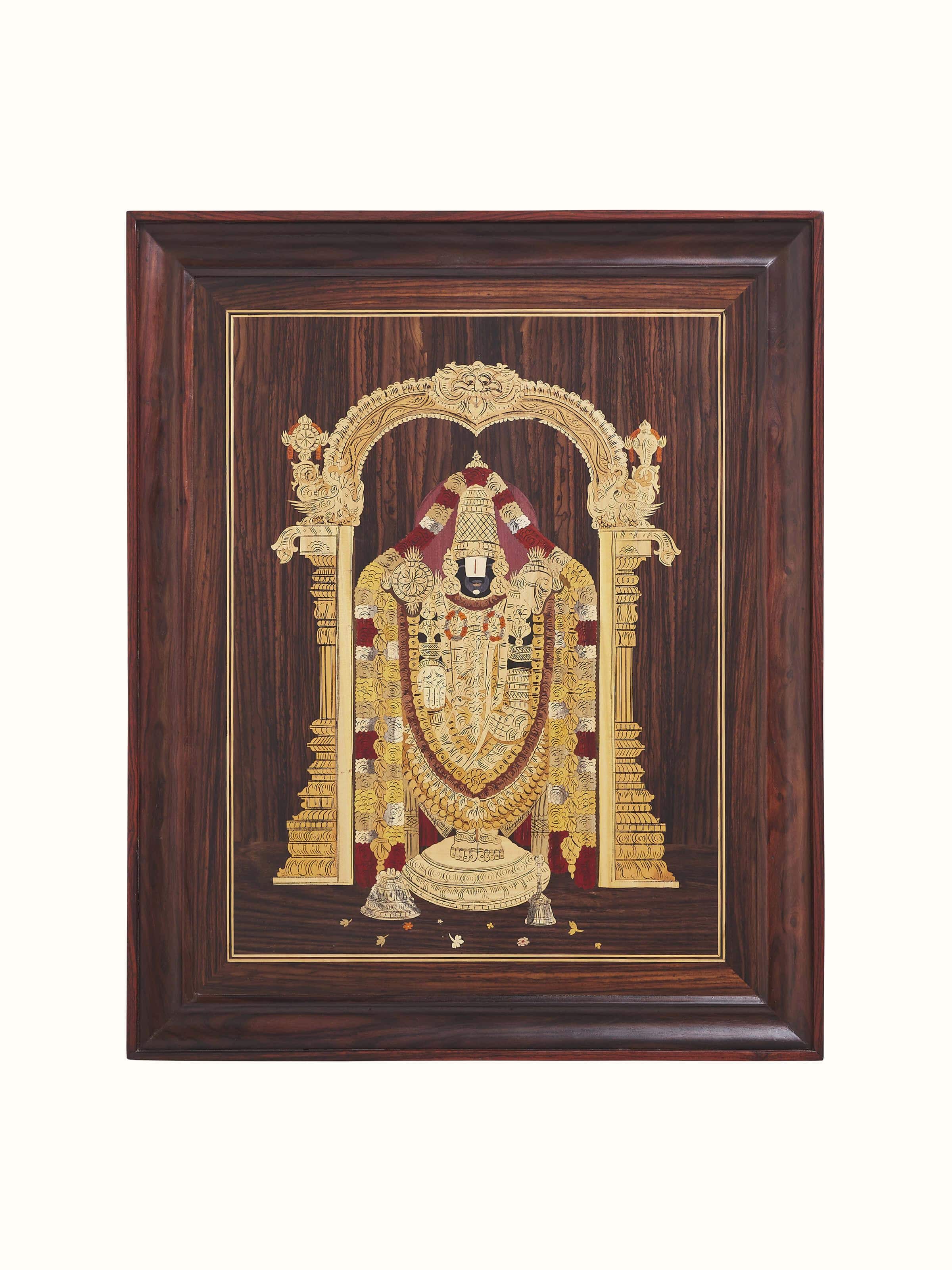 Front view of Mysore rosewood inlaid Lakshmi wall art with intricate carvings