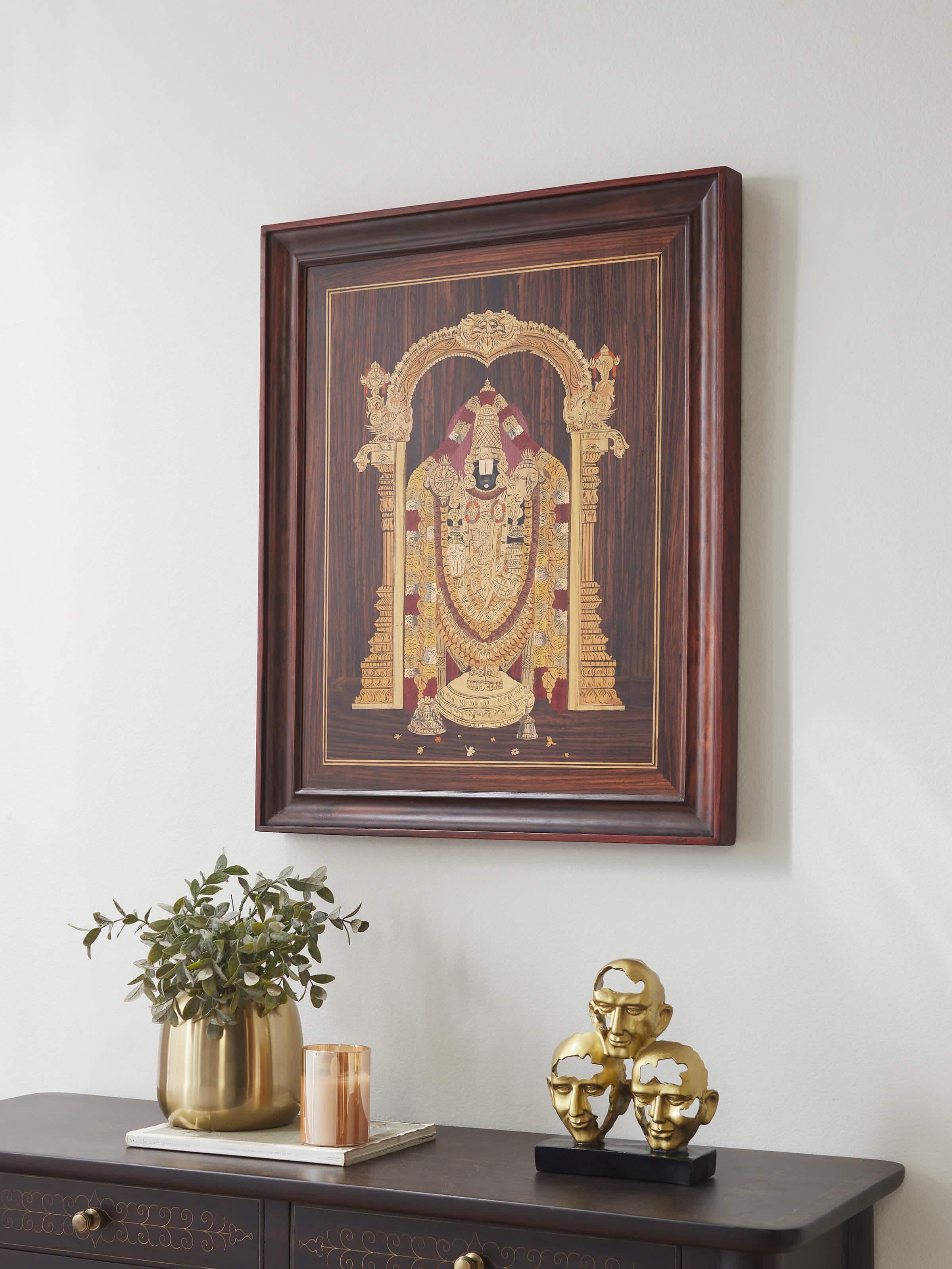 Side view of Mysore rosewood inlaid Lakshmi wall art highlighting its detailed craftsmanship