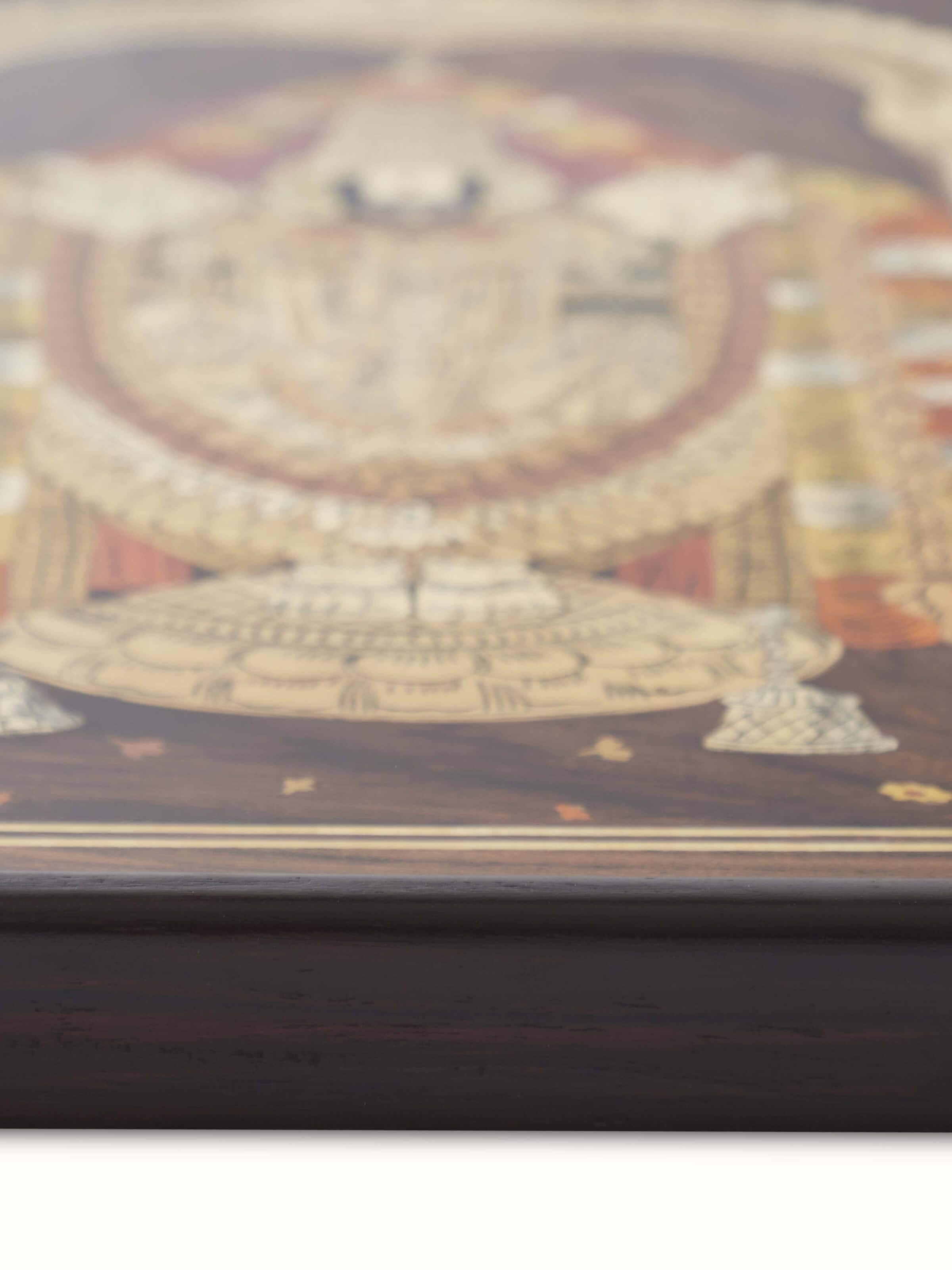 Close-up of Mysore rosewood inlaid Lakshmi wall art focusing on its elegant details