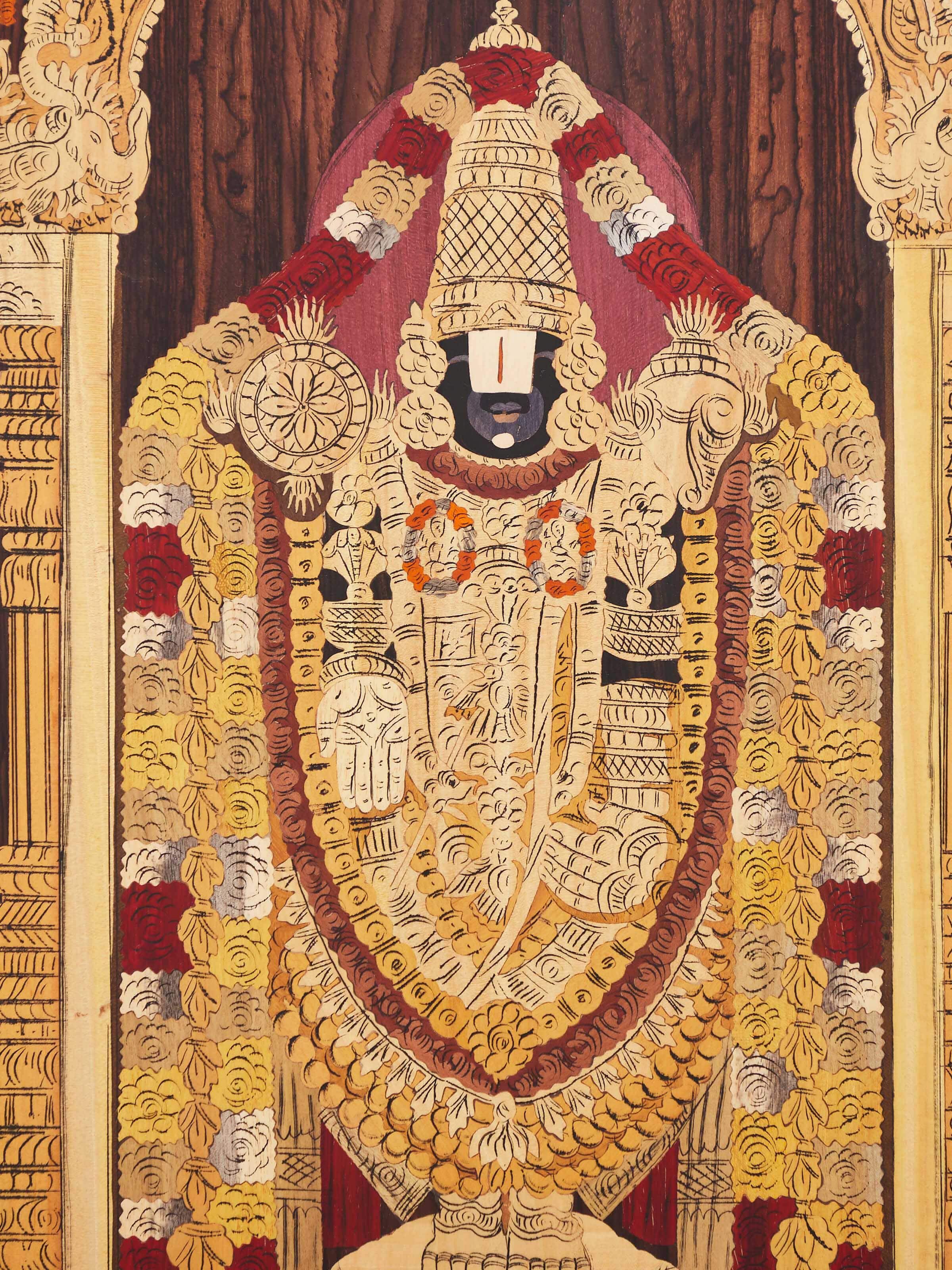 Detailed view of Mysore rosewood inlaid Lakshmi wall art showcasing its intricate inlays