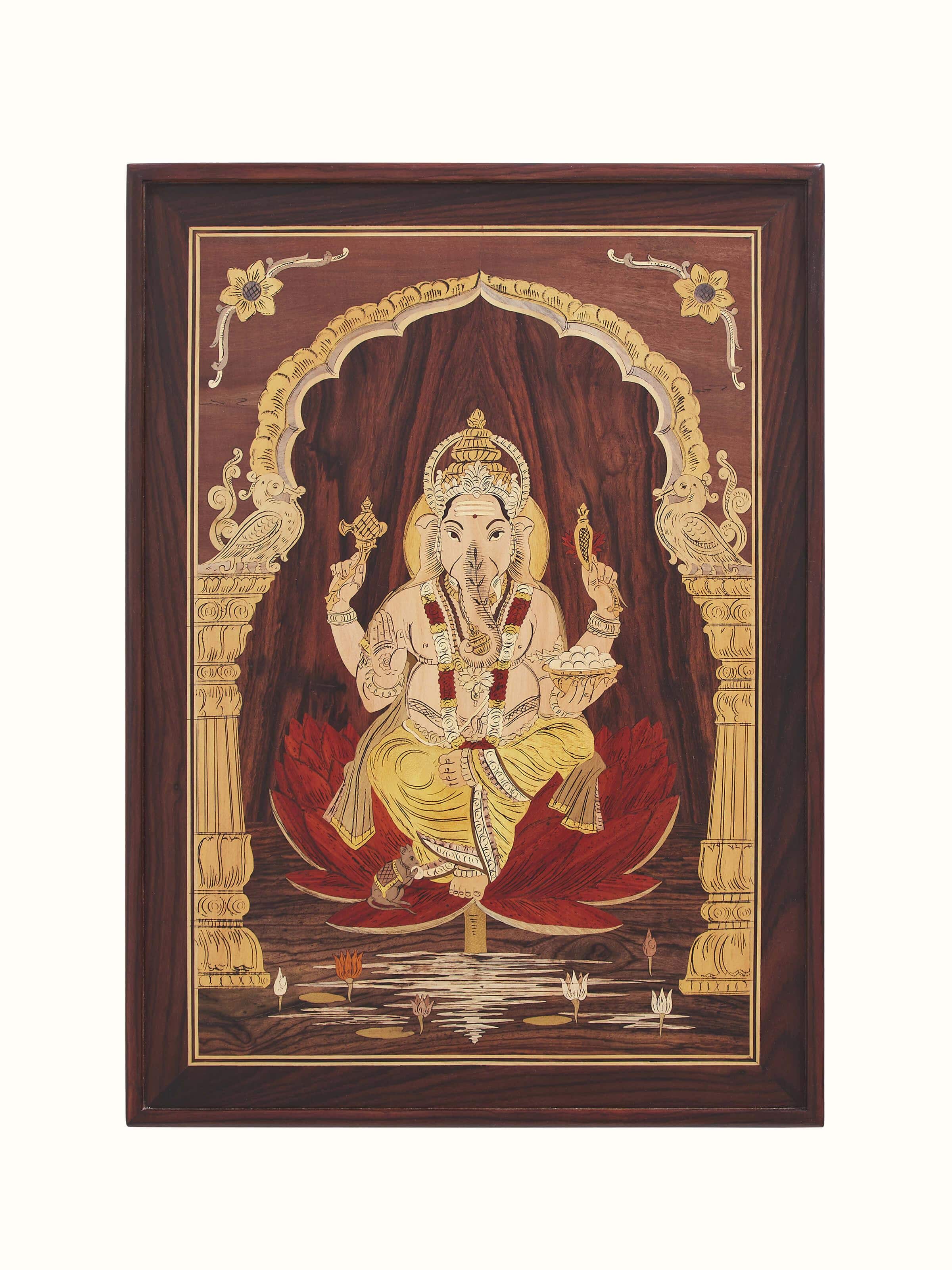 Front view of Mysore Rosewood Inlaid Ganesha Wall Art highlighting its intricate inlay work and artistic design.