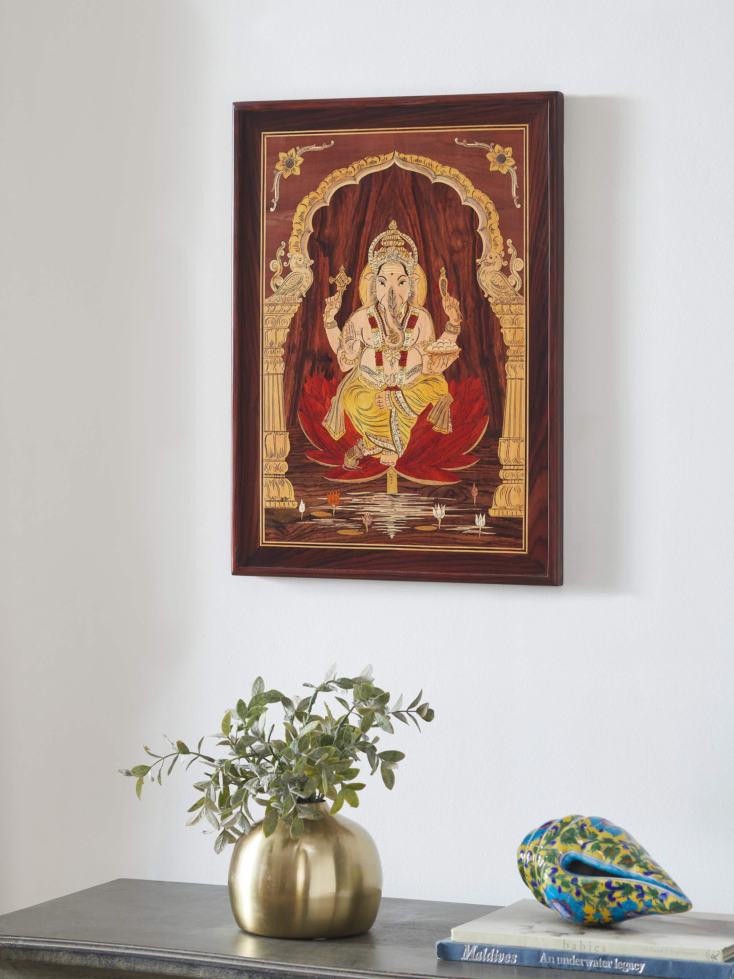 Side view of Mysore Rosewood Inlaid Ganesha Wall Art showing its detailed inlay and craftsmanship.