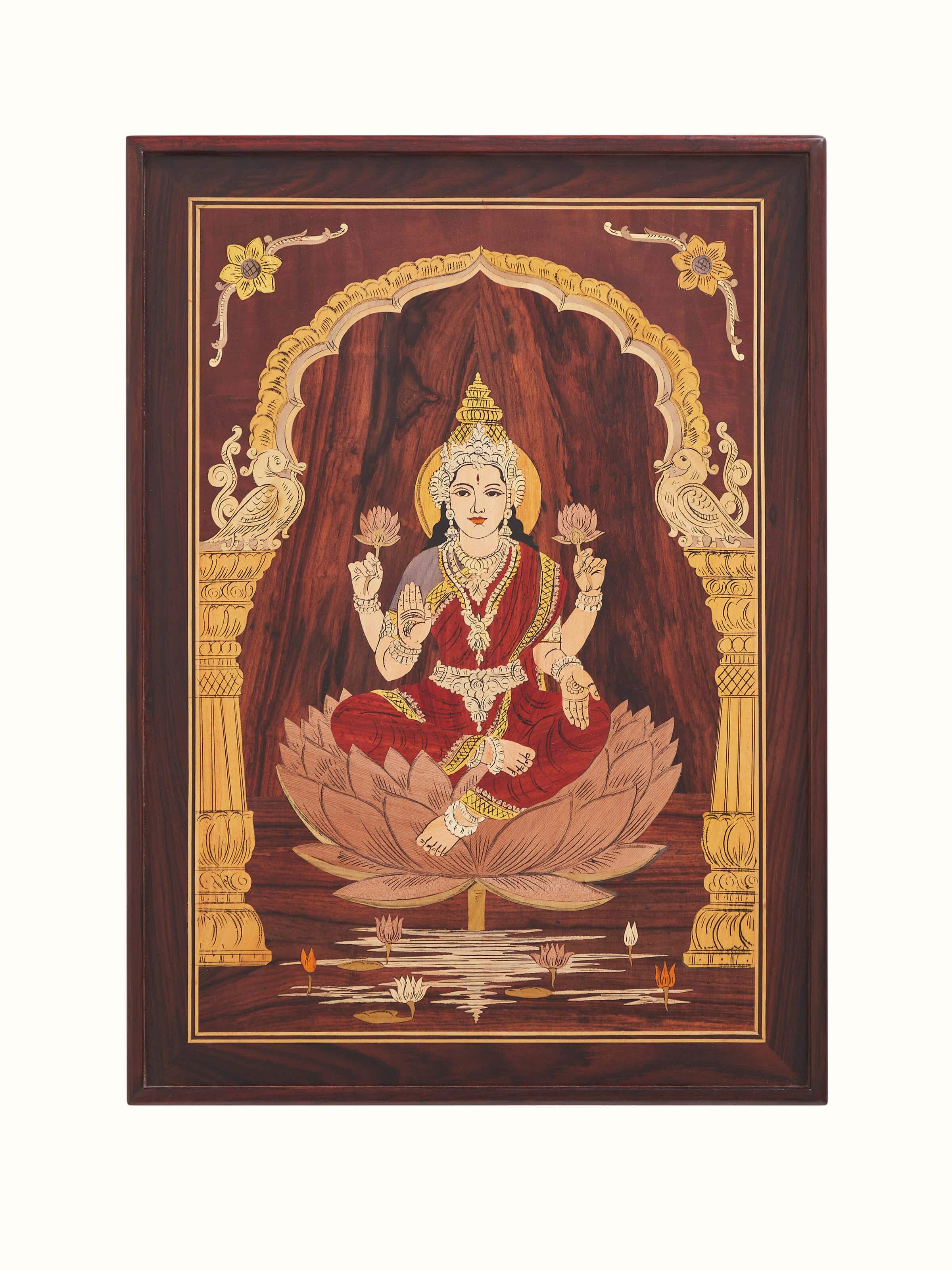 Front view of Mysore rosewood inlaid Lakshmi wall art showcasing detailed inlay work and traditional design