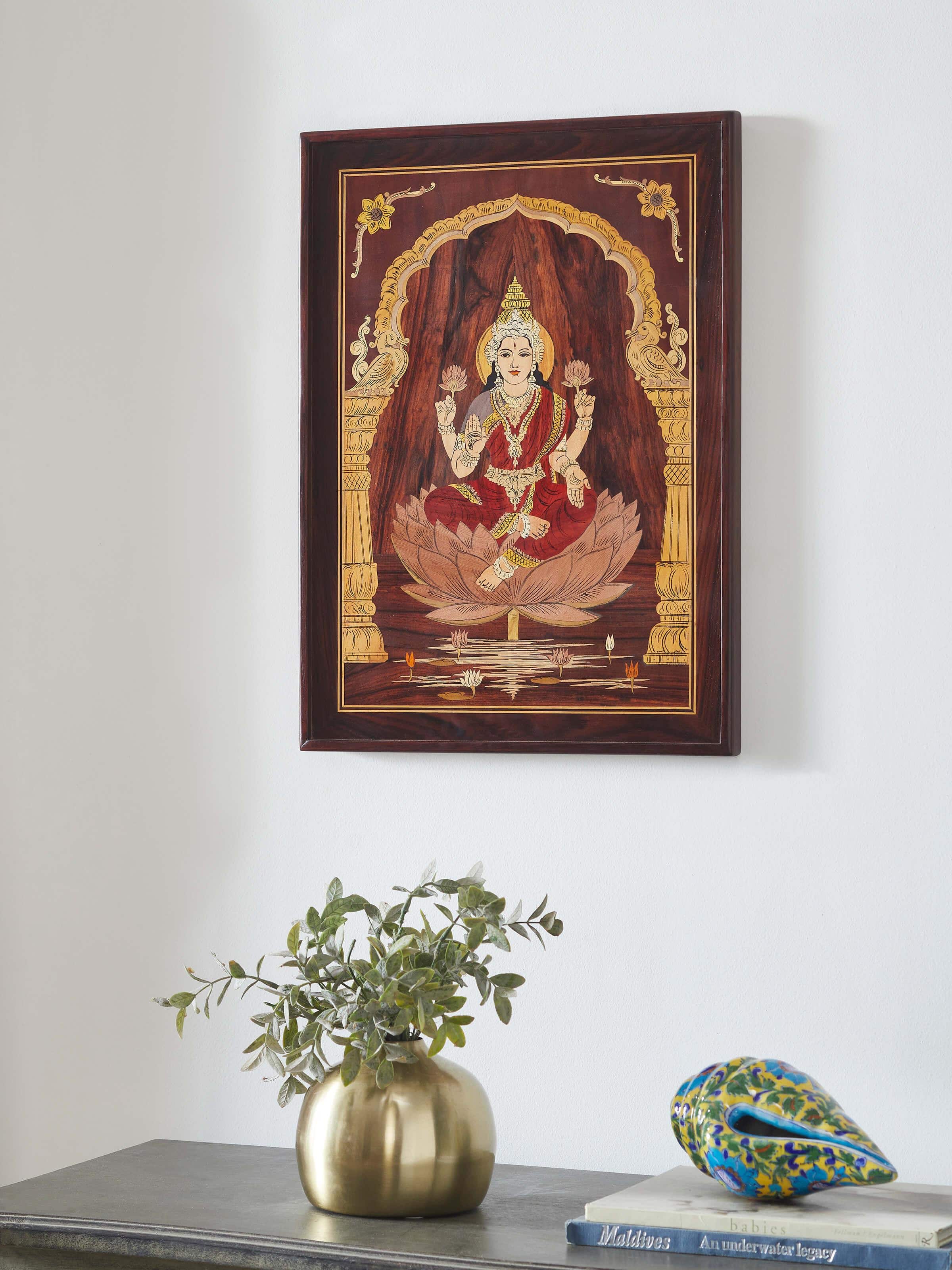 Close-up view of Mysore rosewood inlaid Lakshmi wall art highlighting intricate inlay details and craftsmanship