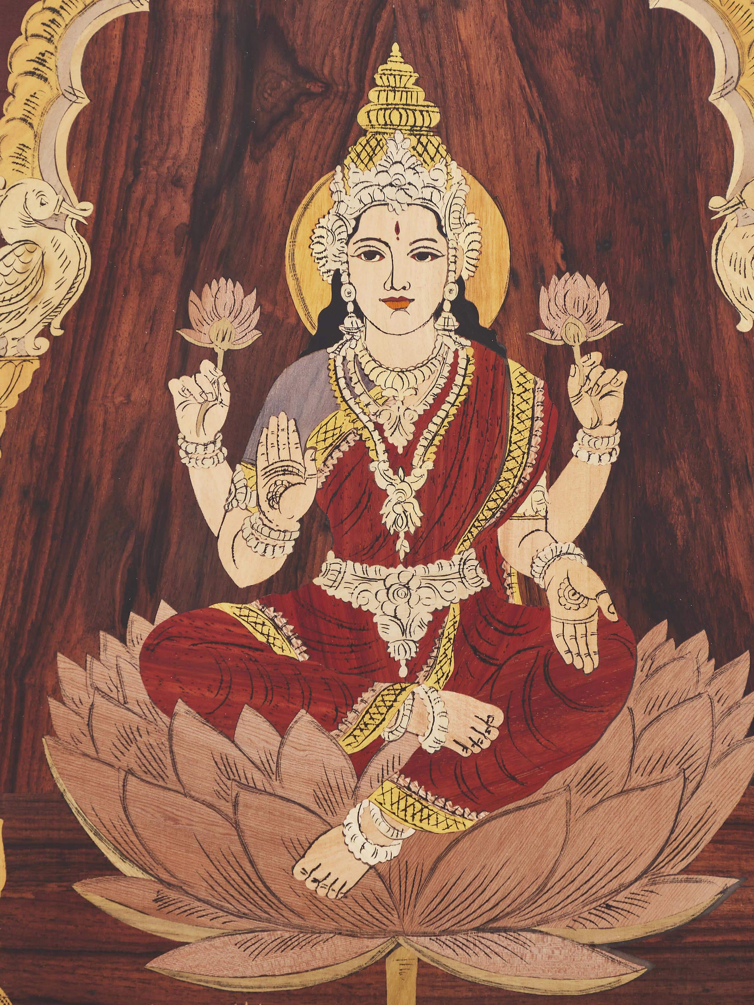 Detailed view of Mysore rosewood inlaid Lakshmi wall art capturing the ornate inlay work and intricate design