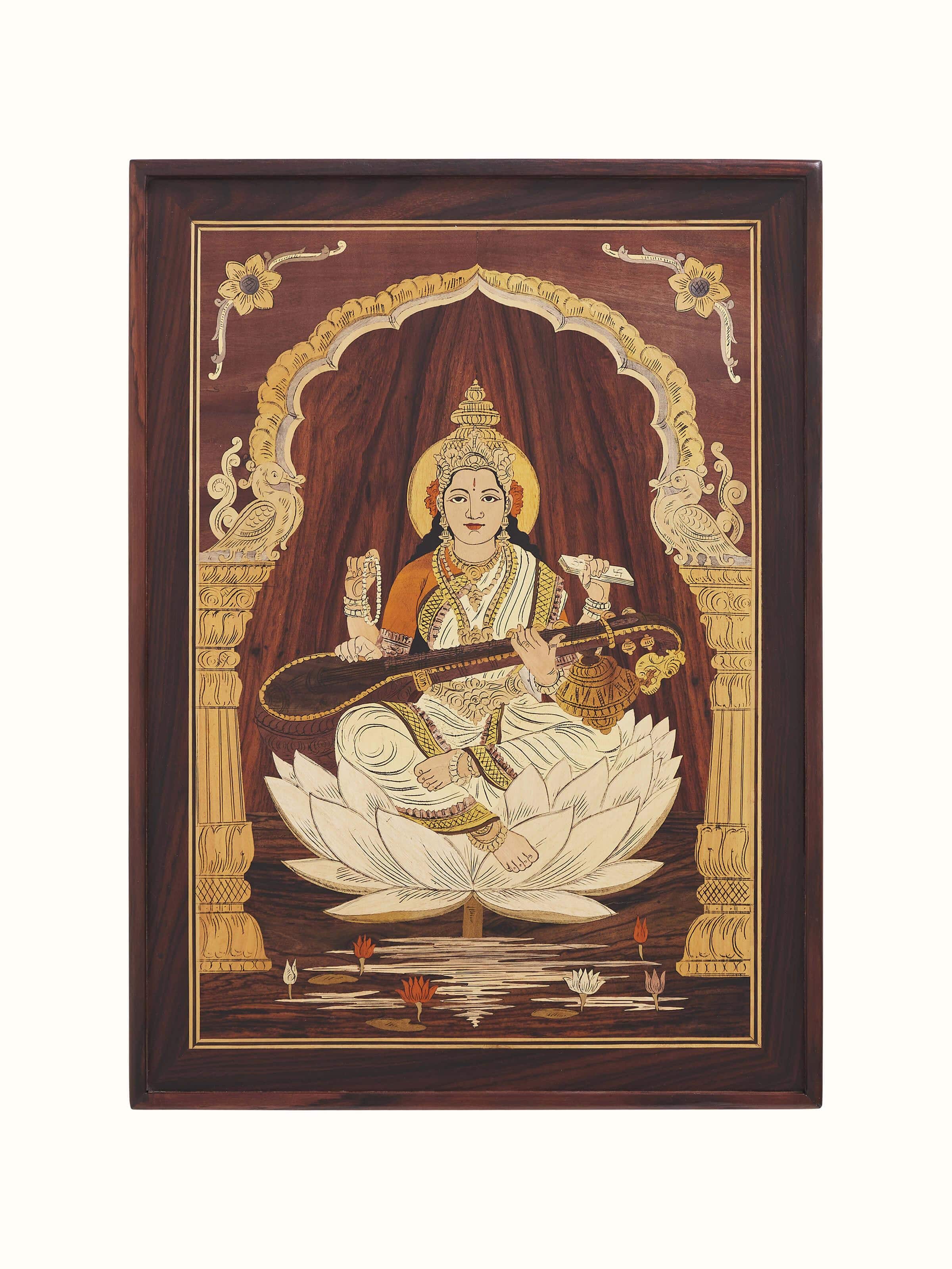 Front view of Mysore rosewood inlaid Saraswathi wall art showcasing detailed inlay work and traditional artistry