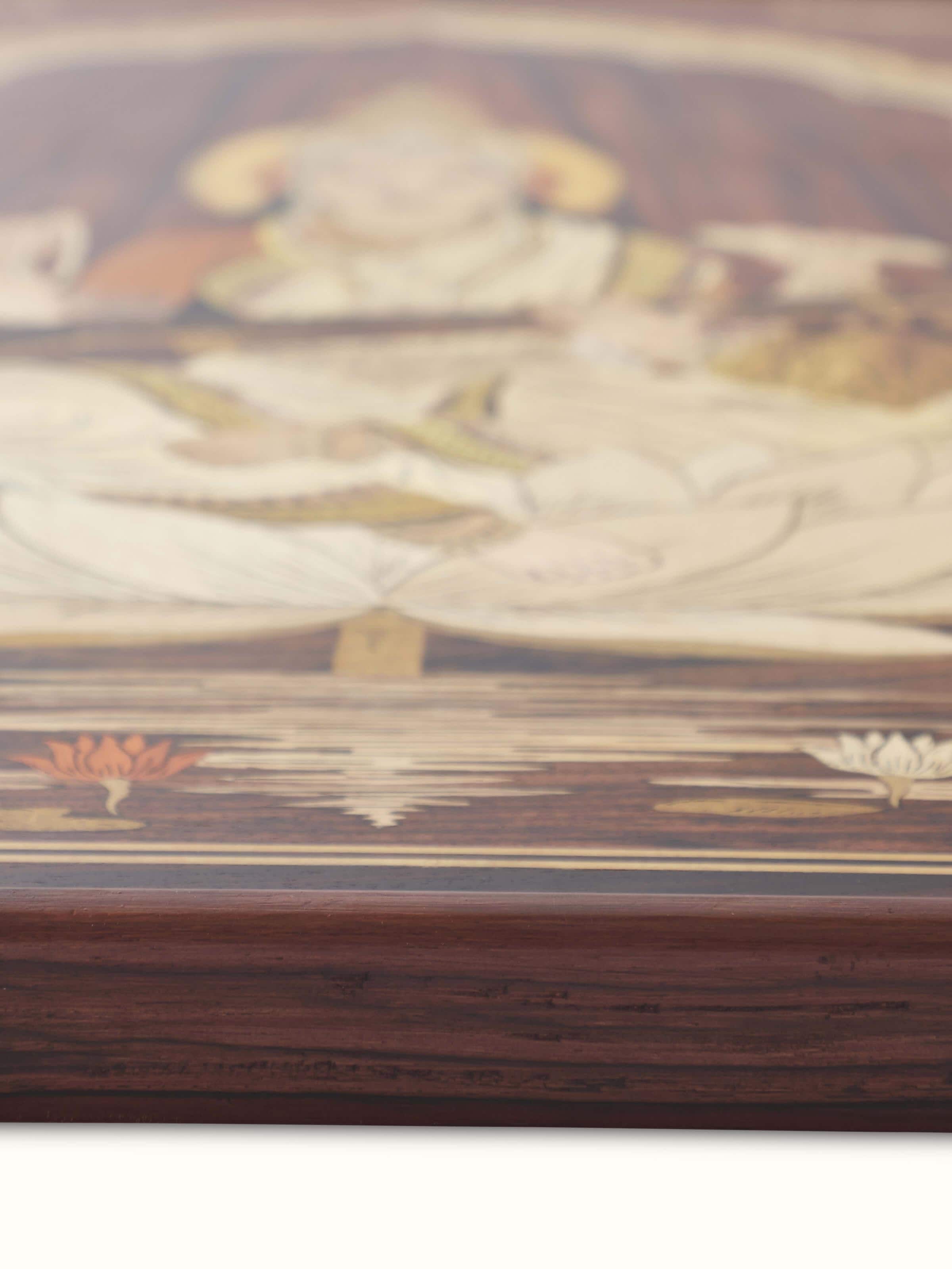 Angled view of Mysore rosewood inlaid Saraswathi wall art highlighting the fine details and elegant design