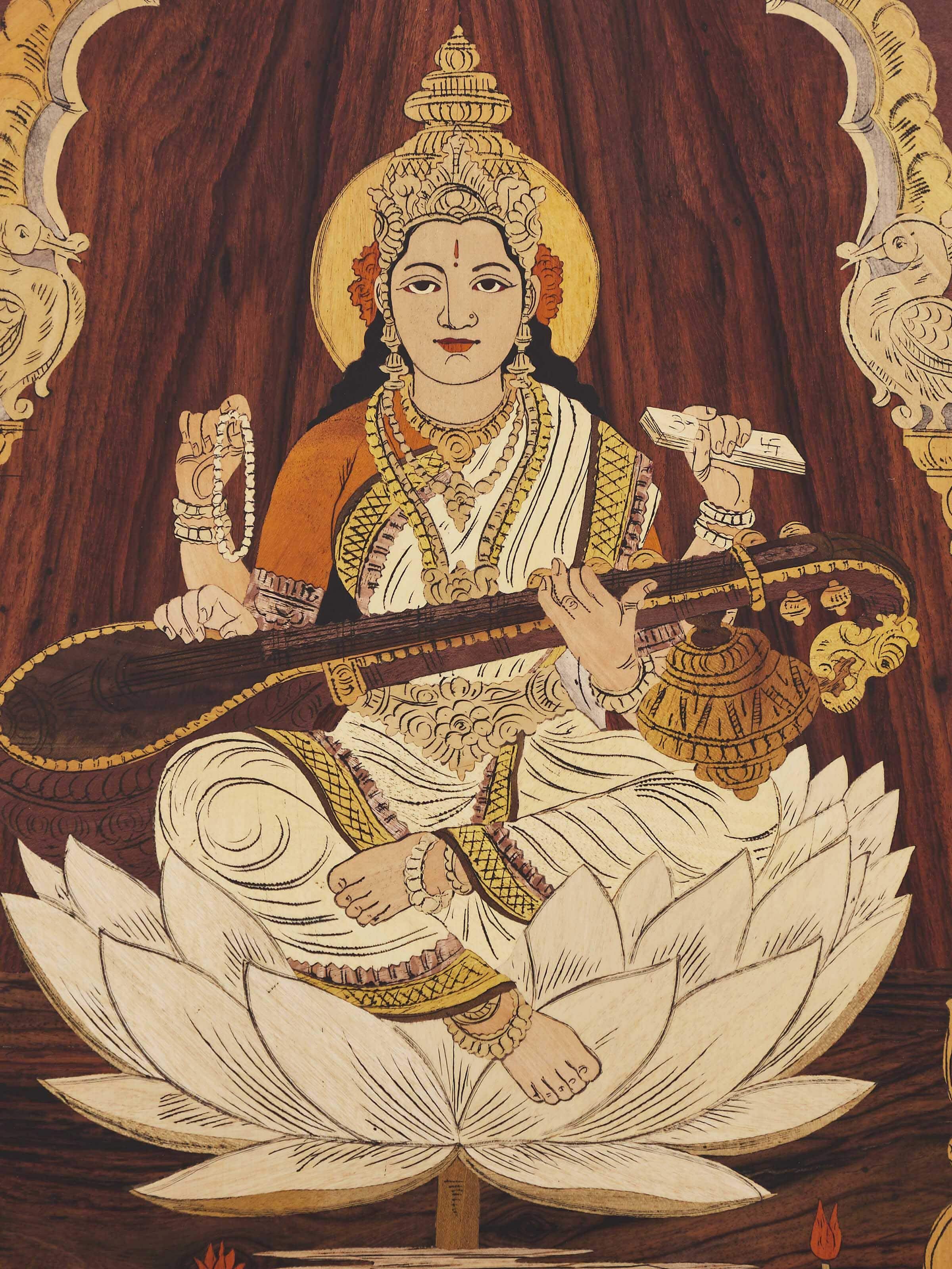 Detailed view of Mysore rosewood inlaid Saraswathi wall art showcasing the intricate inlaid patterns and craftsmanship