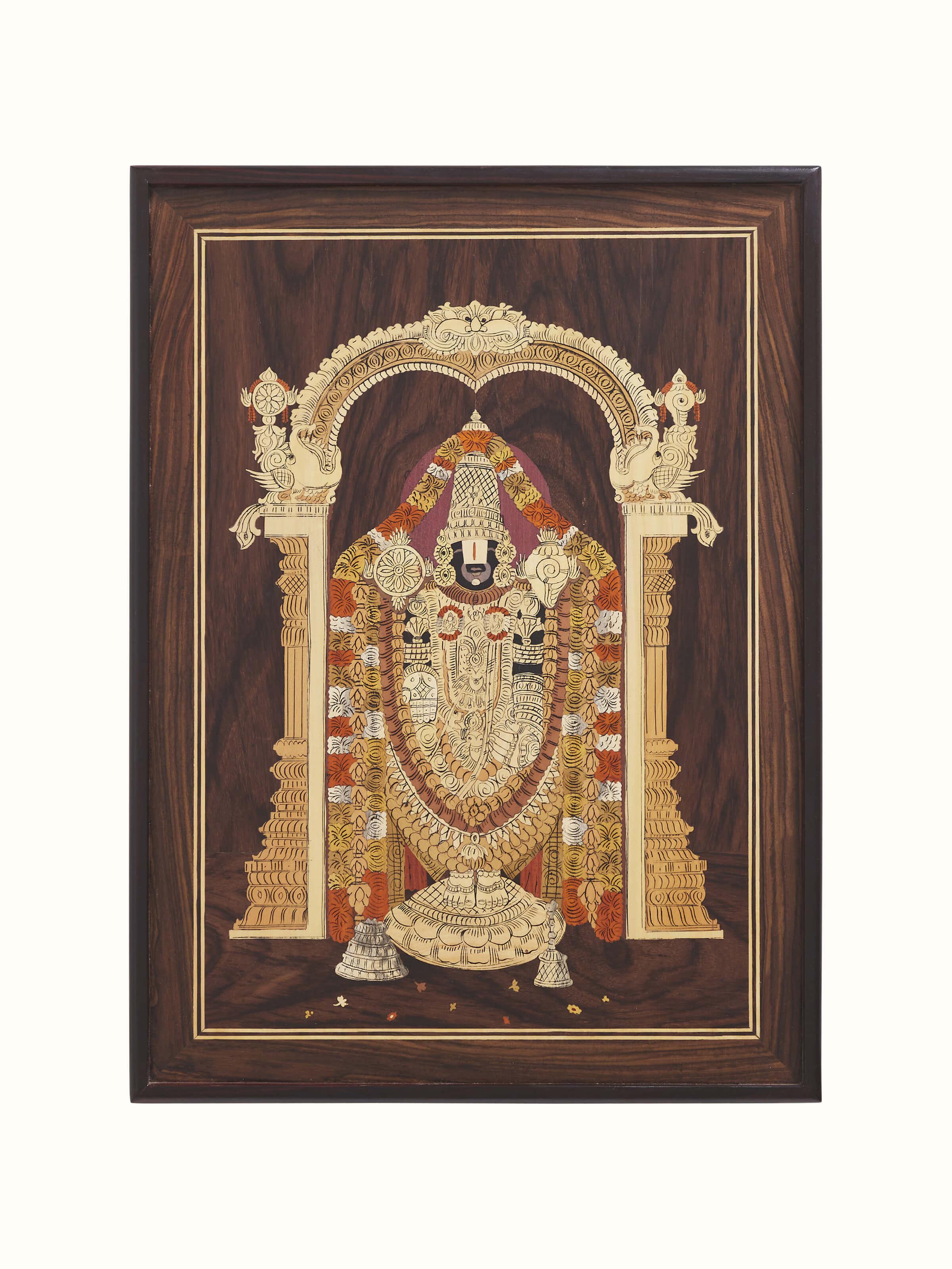 Front view of Mysore Rosewood Inlaid Lord Balaji Wall Art displaying its intricate inlaid design and rich texture.