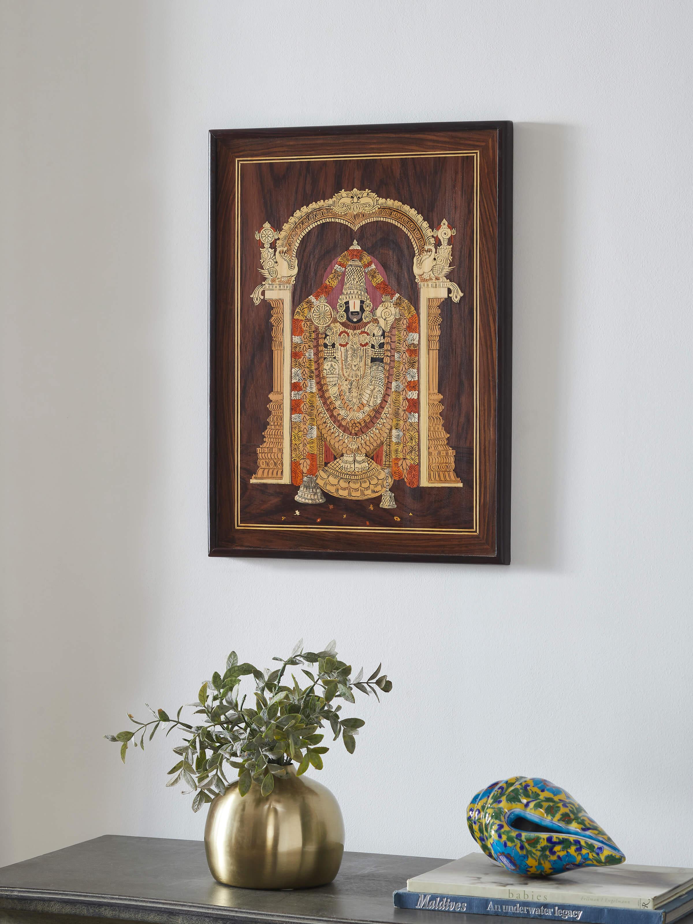 Side view of Mysore Rosewood Inlaid Lord Balaji Wall Art highlighting the depth and craftsmanship of the inlays.