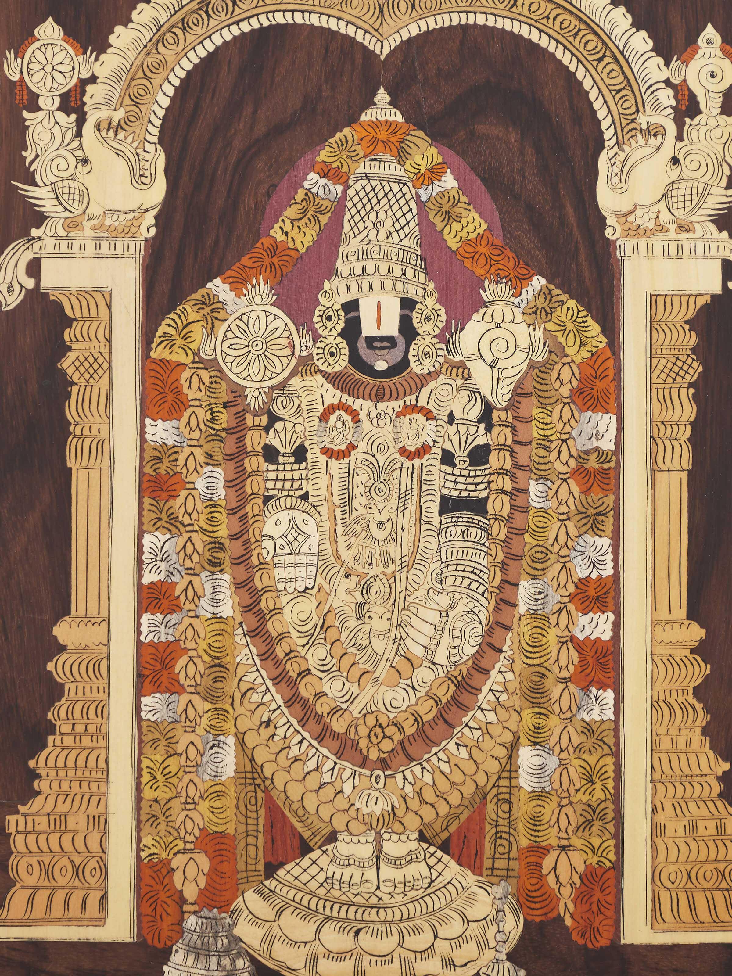 Alternate view of Mysore Rosewood Inlaid Lord Balaji Wall Art showcasing the detailed inlays and overall design.