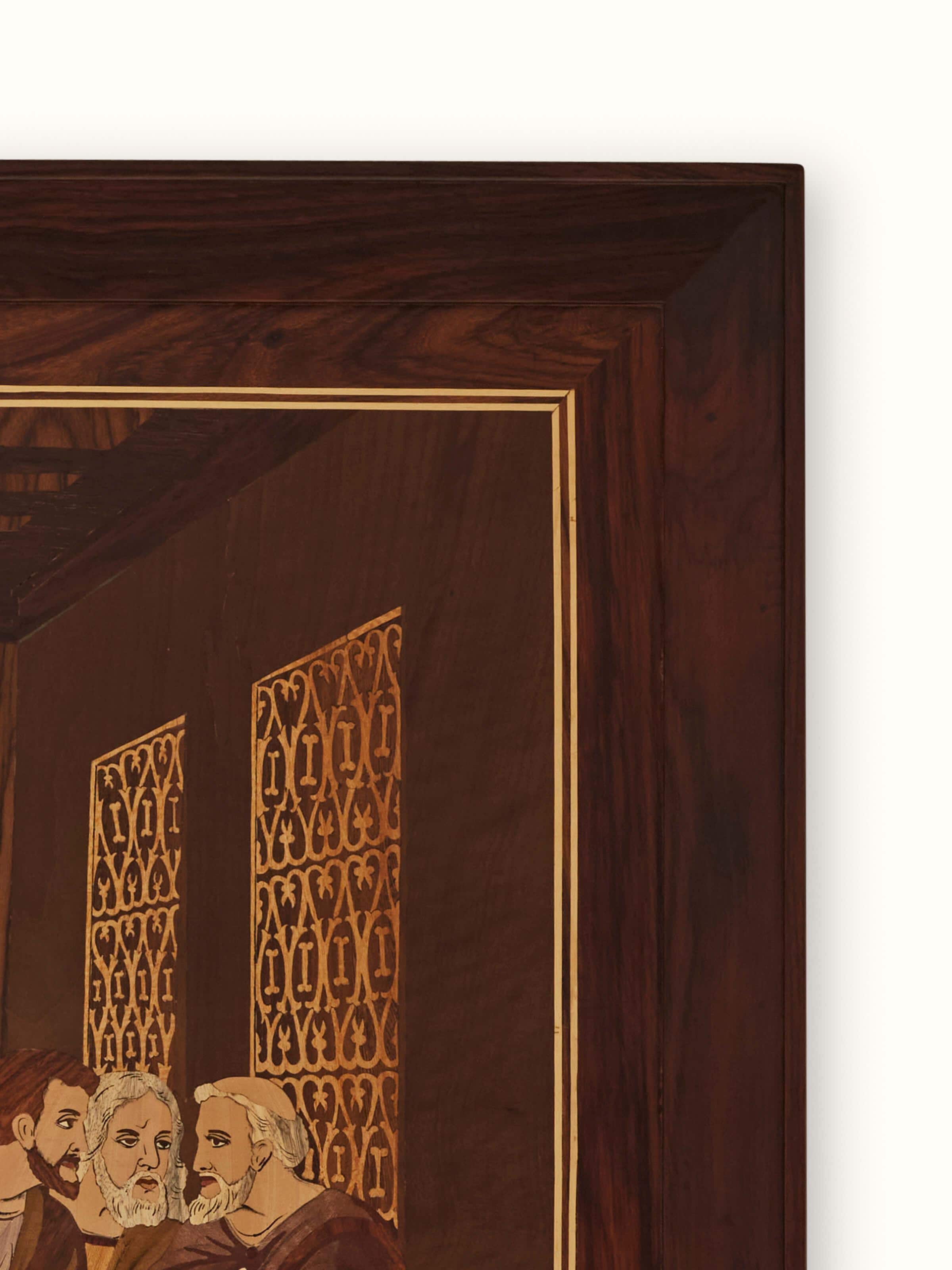 Side view of Last Supper Mysore rosewood wall art, highlighting inlaid details and traditional style, Swadesh