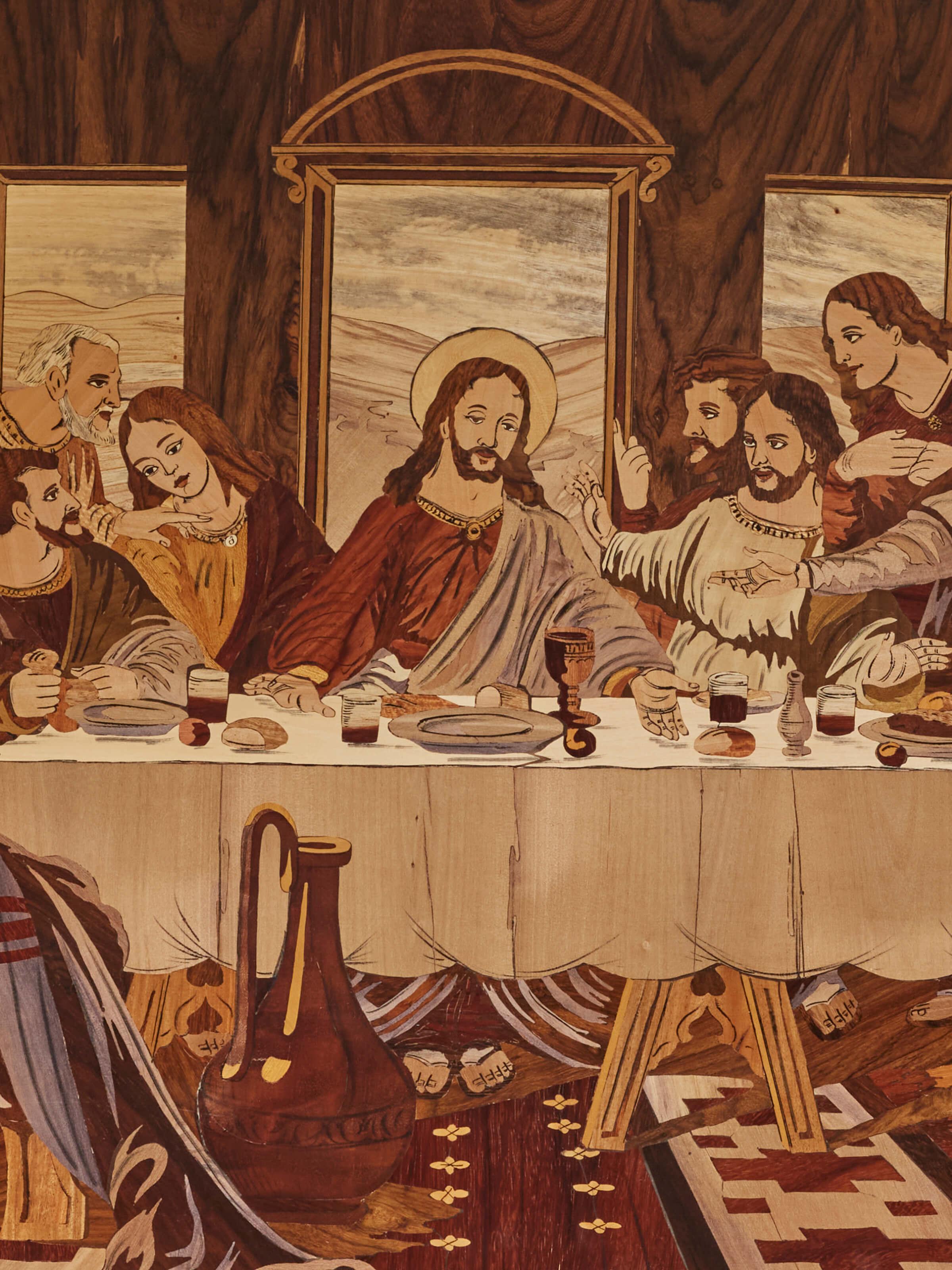 Detailed view of Last Supper wall art in Mysore rosewood, showcasing inlaid design and craftsmanship, Swadesh