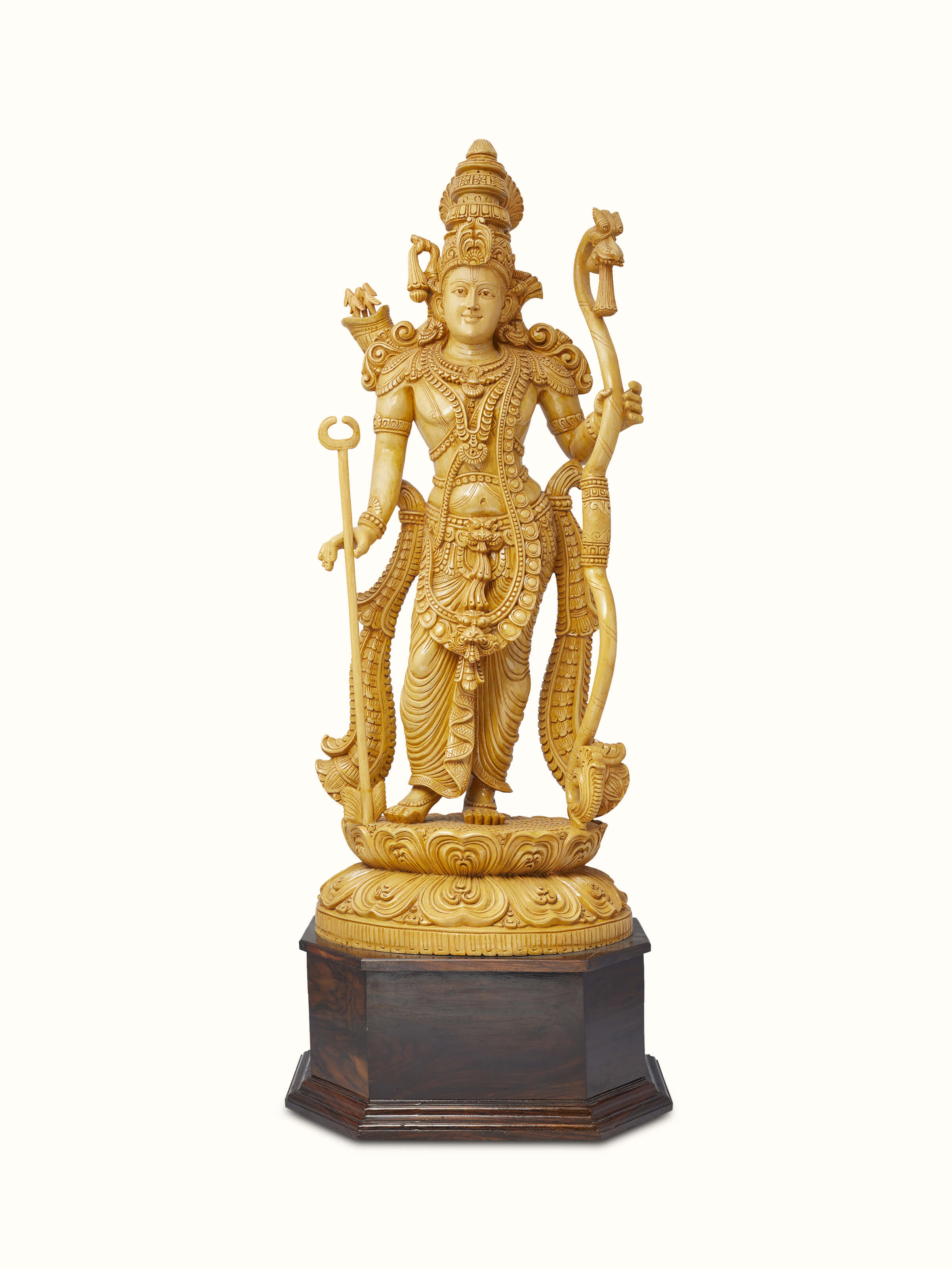 Front view of Jaitra carved Shivani wood ram idol showcasing detailed craftsmanship