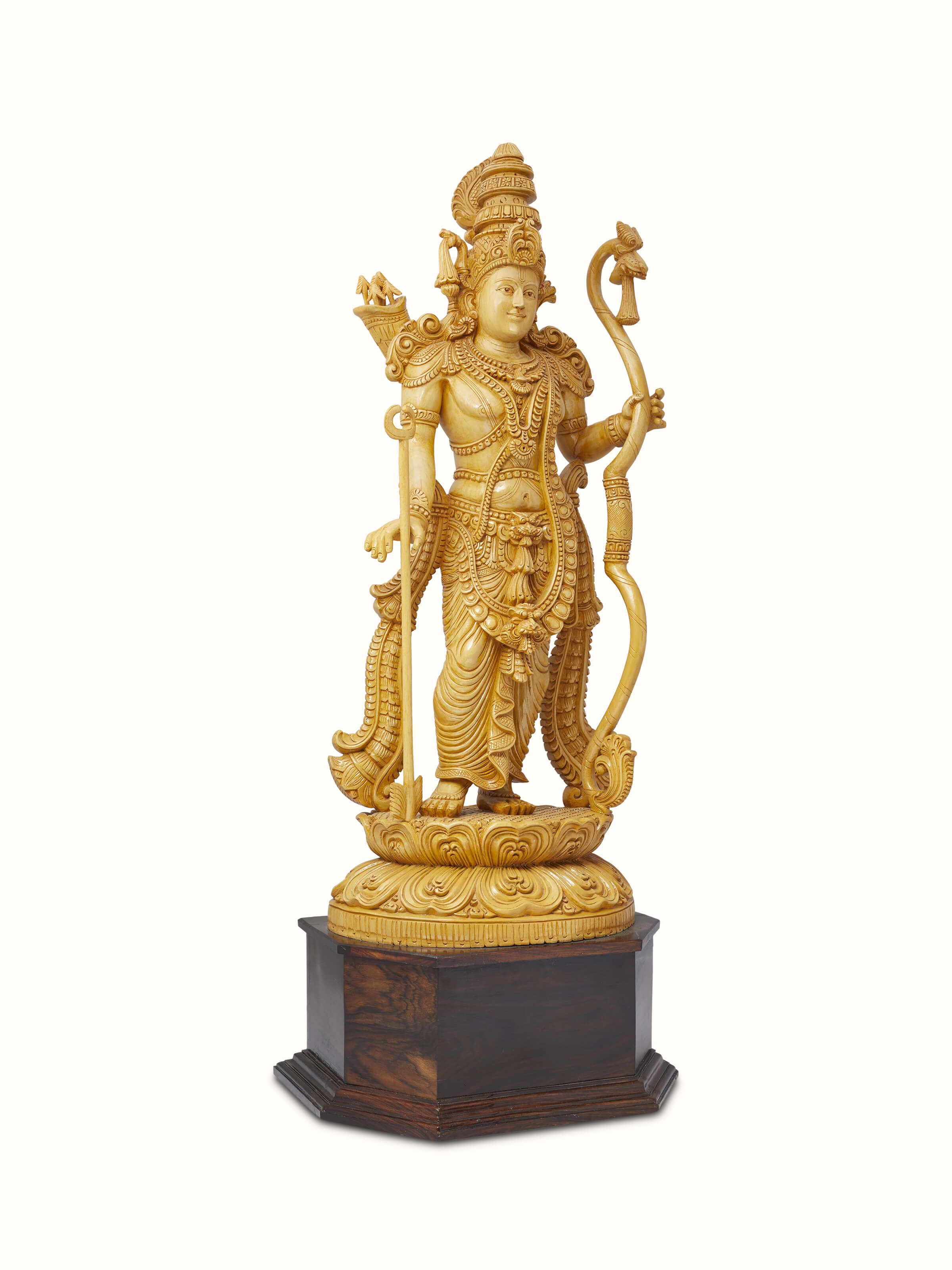 Side view of Jaitra carved Shivani wood ram idol showing the fine woodwork details