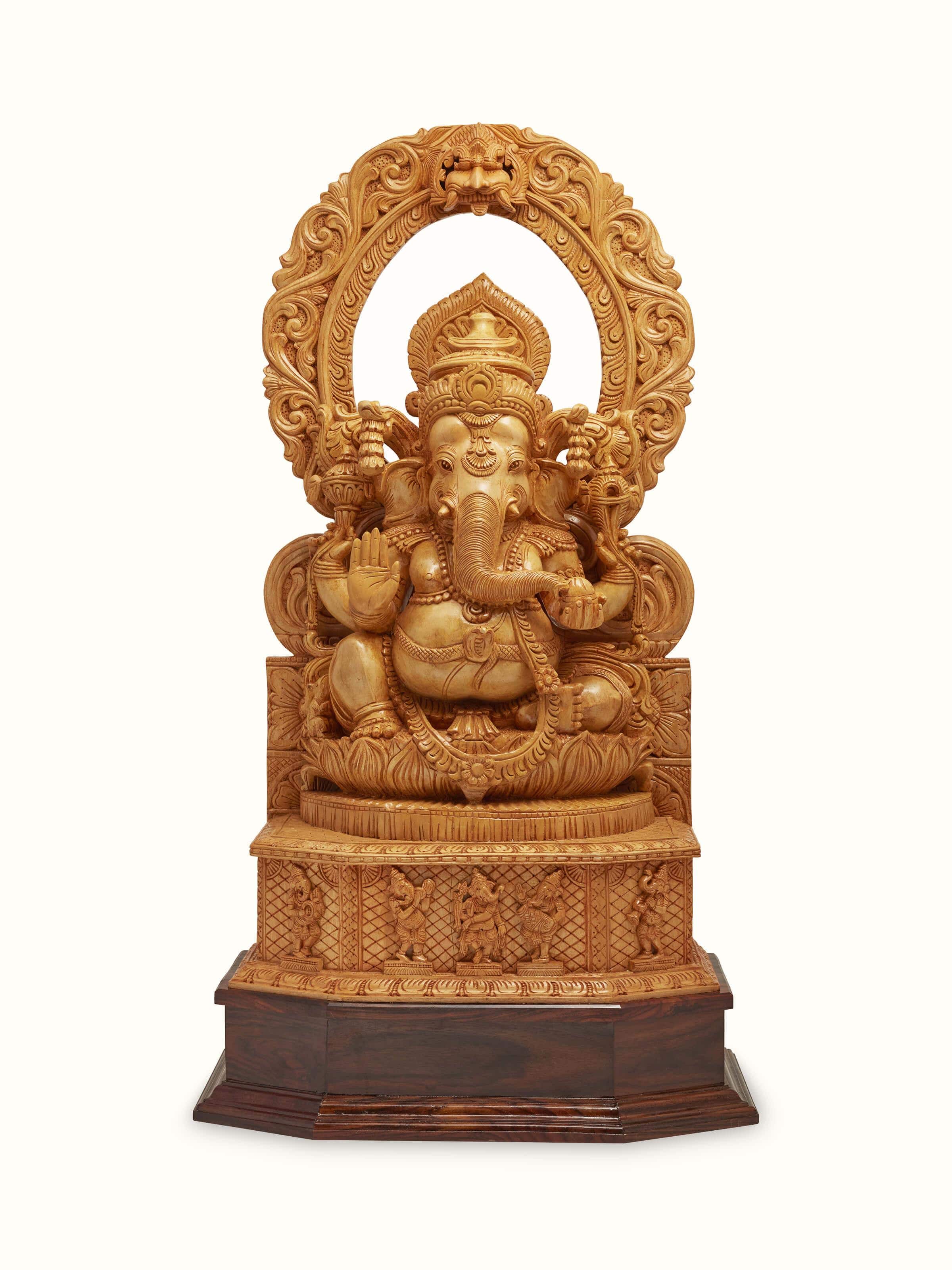 Front view of carved shivani wood Ganesha idol with prabhavali showcasing its detailed craftsmanship