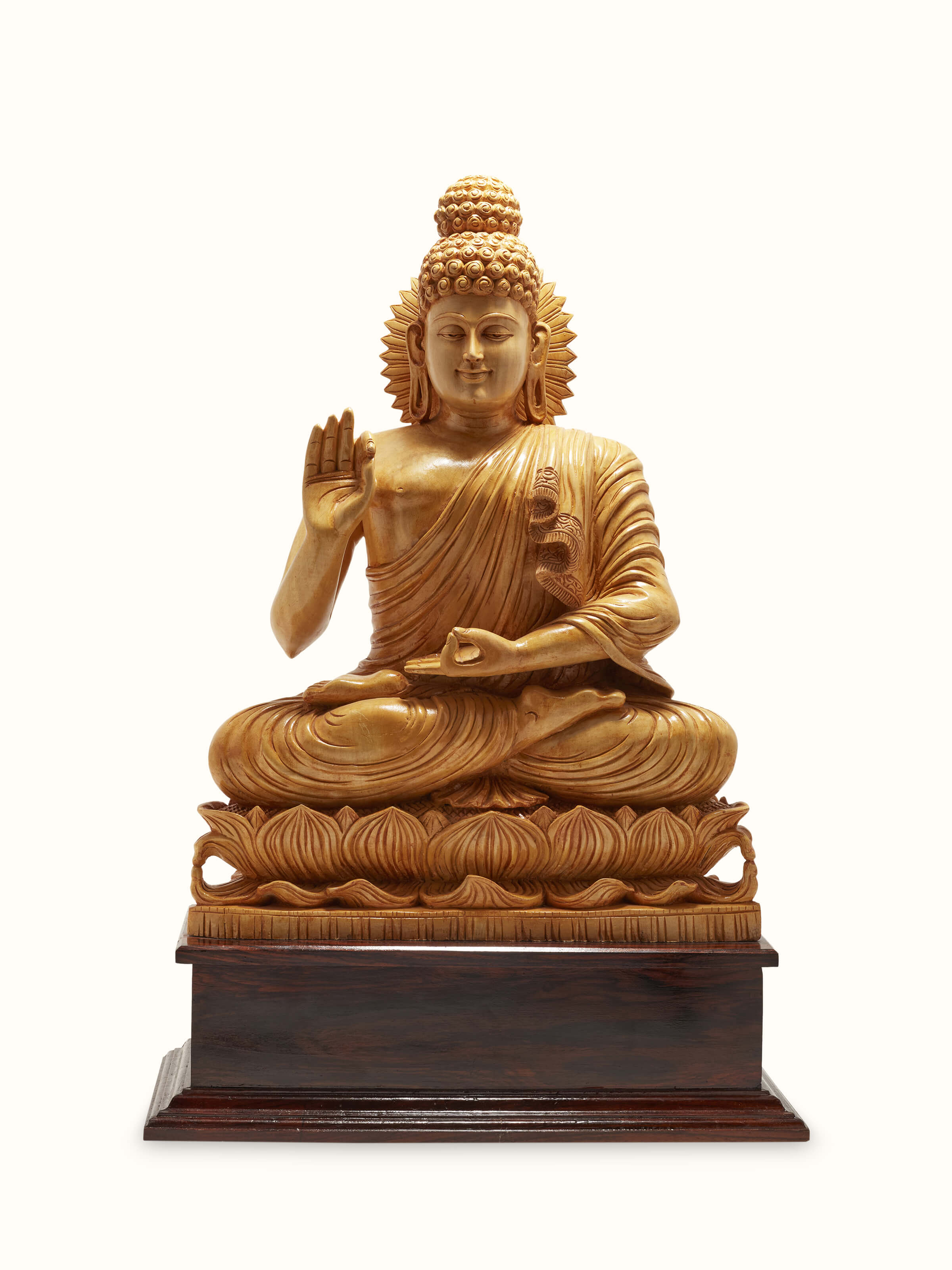Front view of Mudra Carved Shivani Wood Buddha Idol, highlighting the intricate wood carving and serene expression