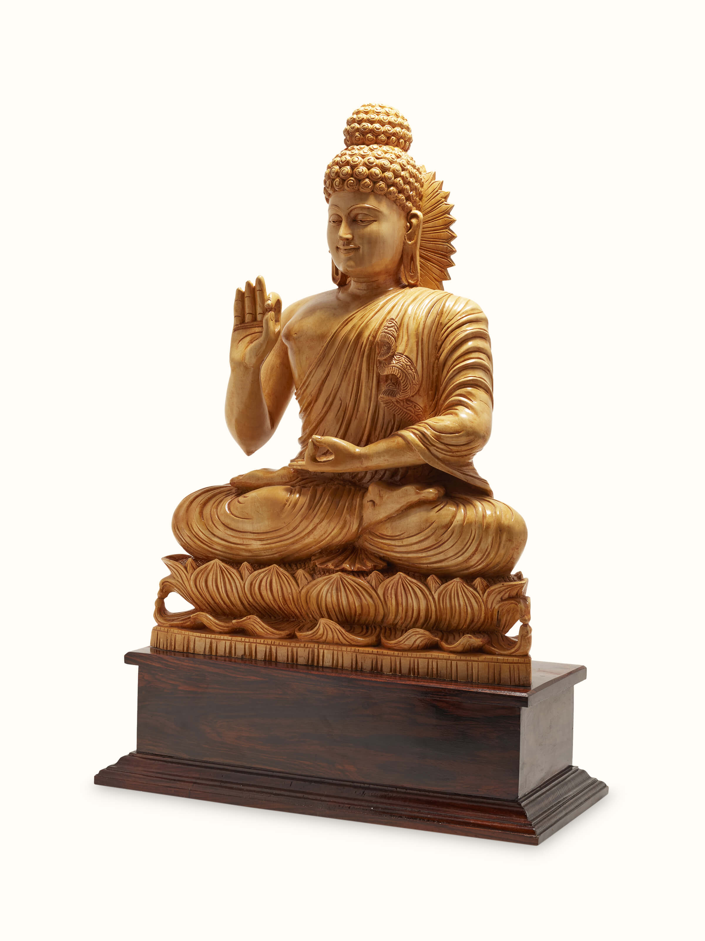 Side view of Mudra Carved Shivani Wood Buddha Idol, showing the depth of carving and detailed craftsmanship